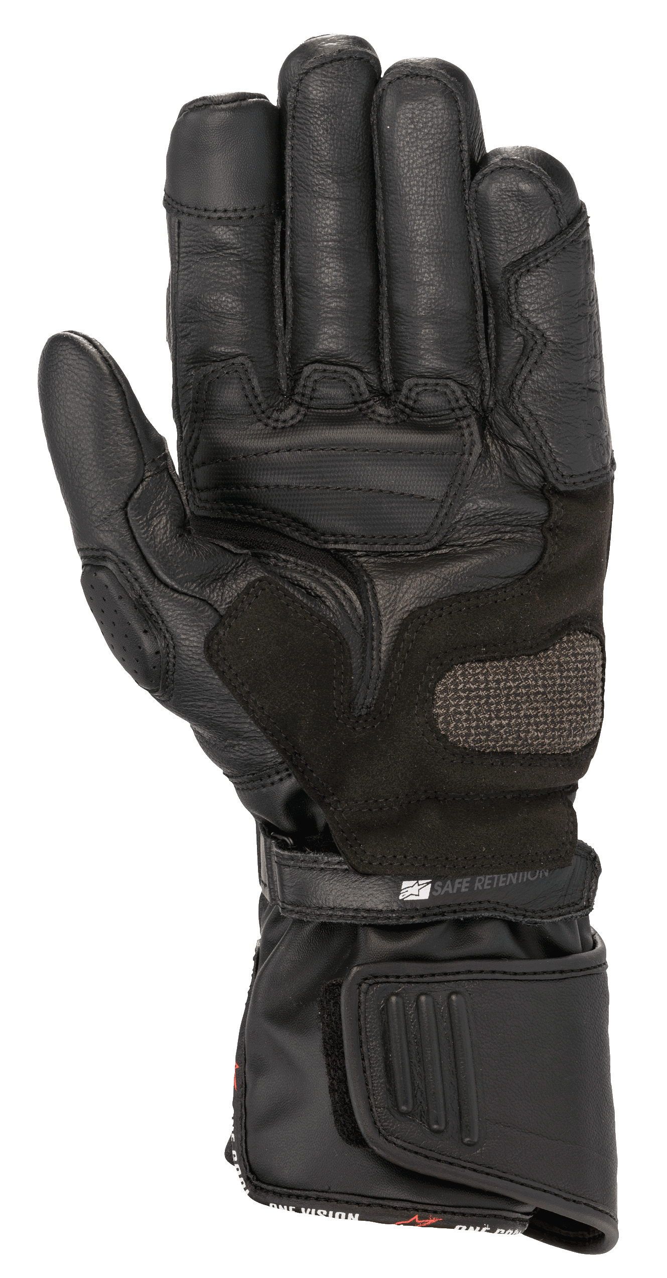Guantes Alpinestars SP-8 HDry®, guantes de moto, negros, vista de la palma que muestra la construcción de cuero reforzado, zona de aterrizaje ARShield y sistema de doble cierre con correa 'Safe Retention', protección impermeable para conducción deportiva