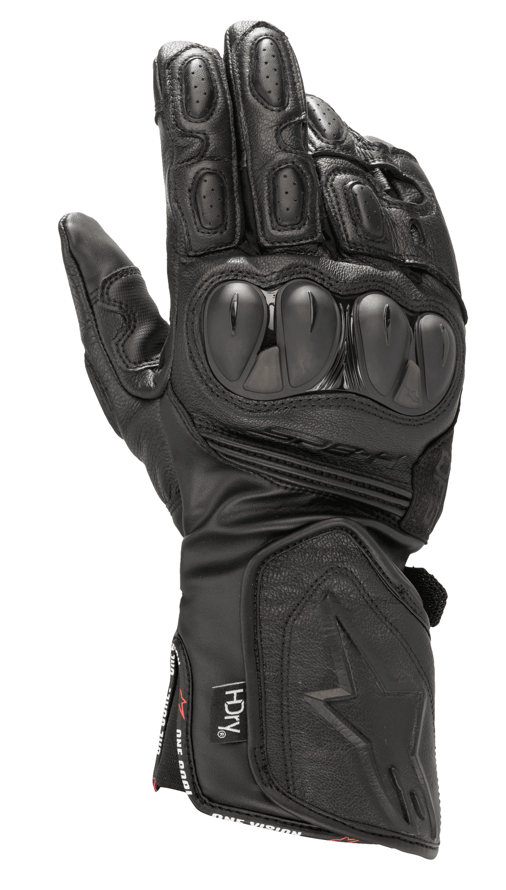 Alpinestars SP-8 HDry Gloves, guantes impermeables de carreras para moto, negros, protectores de nudillos rígidos de doble densidad, cuero texturizado con perforaciones, dedos acolchados, puño largo con logotipo de estrella en relieve y marca de tecnología HDry