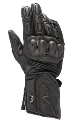 Alpinestars SP-8 HDry Gloves, guantes impermeables de carreras para moto, negros, protectores de nudillos rígidos de doble densidad, cuero texturizado con perforaciones, dedos acolchados, puño largo con logotipo de estrella en relieve y marca de tecnología HDry