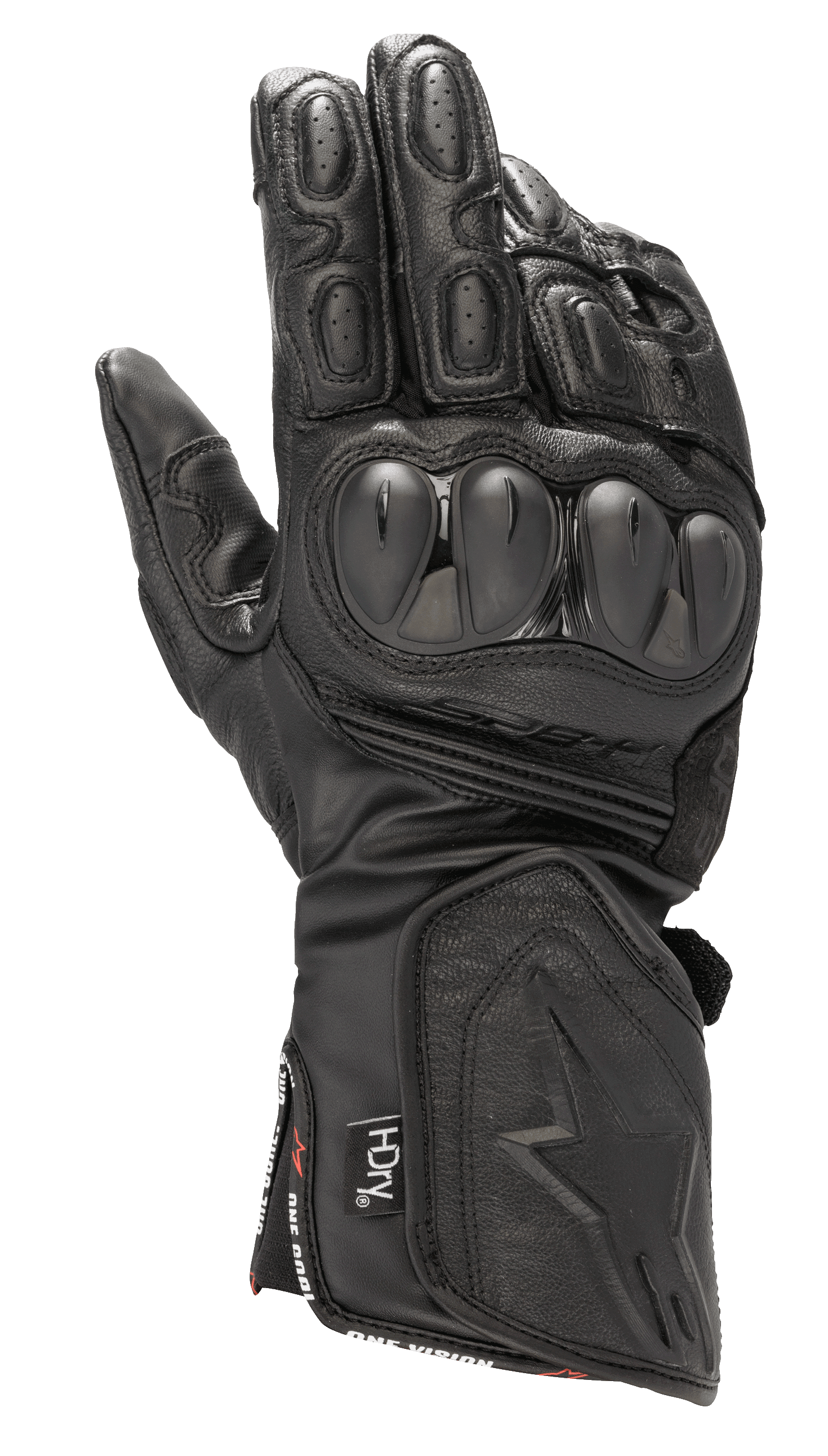 Alpinestars SP-8 HDry Gloves, guantes impermeables de carreras para moto, negros, protectores de nudillos rígidos de doble densidad, cuero texturizado con perforaciones, dedos acolchados, puño largo con logotipo de estrella en relieve y marca de tecnología HDry