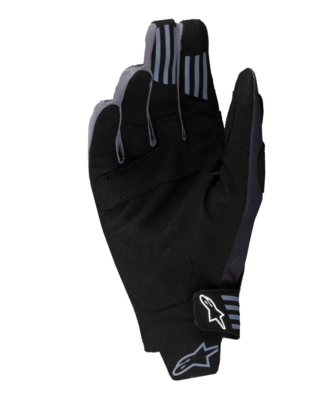Guantes Alpinestars Techstar 2025, guantes de motocross, negros, vista de la palma que muestra material de ante sintético con detalles perforados, agarre de silicona en las puntas de los dedos y logotipo blanco de Alpinestars en el cierre de la muñeca.
