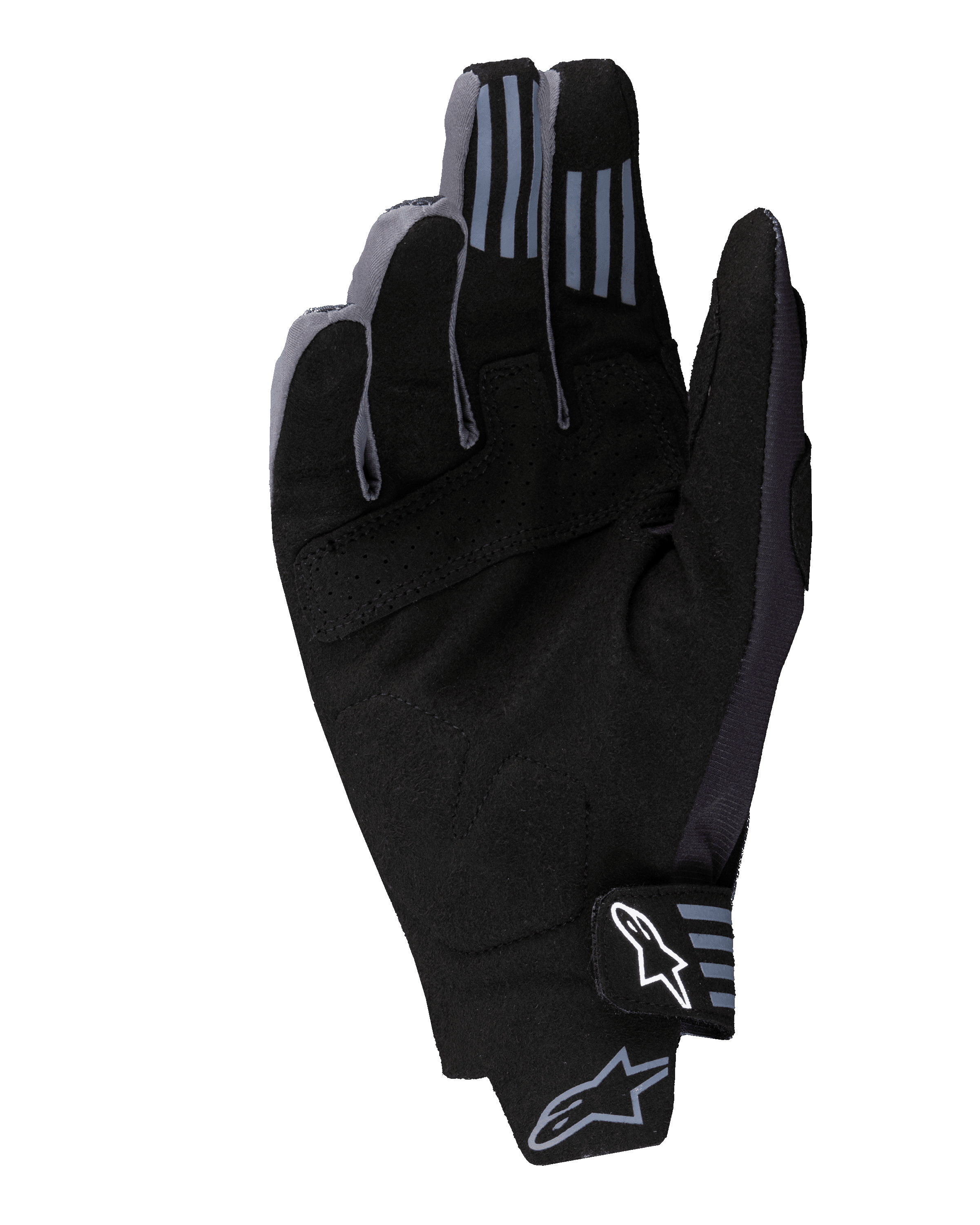 Guantes Alpinestars Techstar 2025, guantes de motocross, negros, vista de la palma que muestra material de ante sintético con detalles perforados, agarre de silicona en las puntas de los dedos y logotipo blanco de Alpinestars en el cierre de la muñeca.