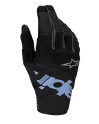 Guantes Alpinestars Techstar 2025, guantes de motocross, negros con detalles en azul claro y gris, con marca grande en azul claro y pequeño logotipo de estrella gris, dorso de ripstop elástico y neopreno para carreras off-road