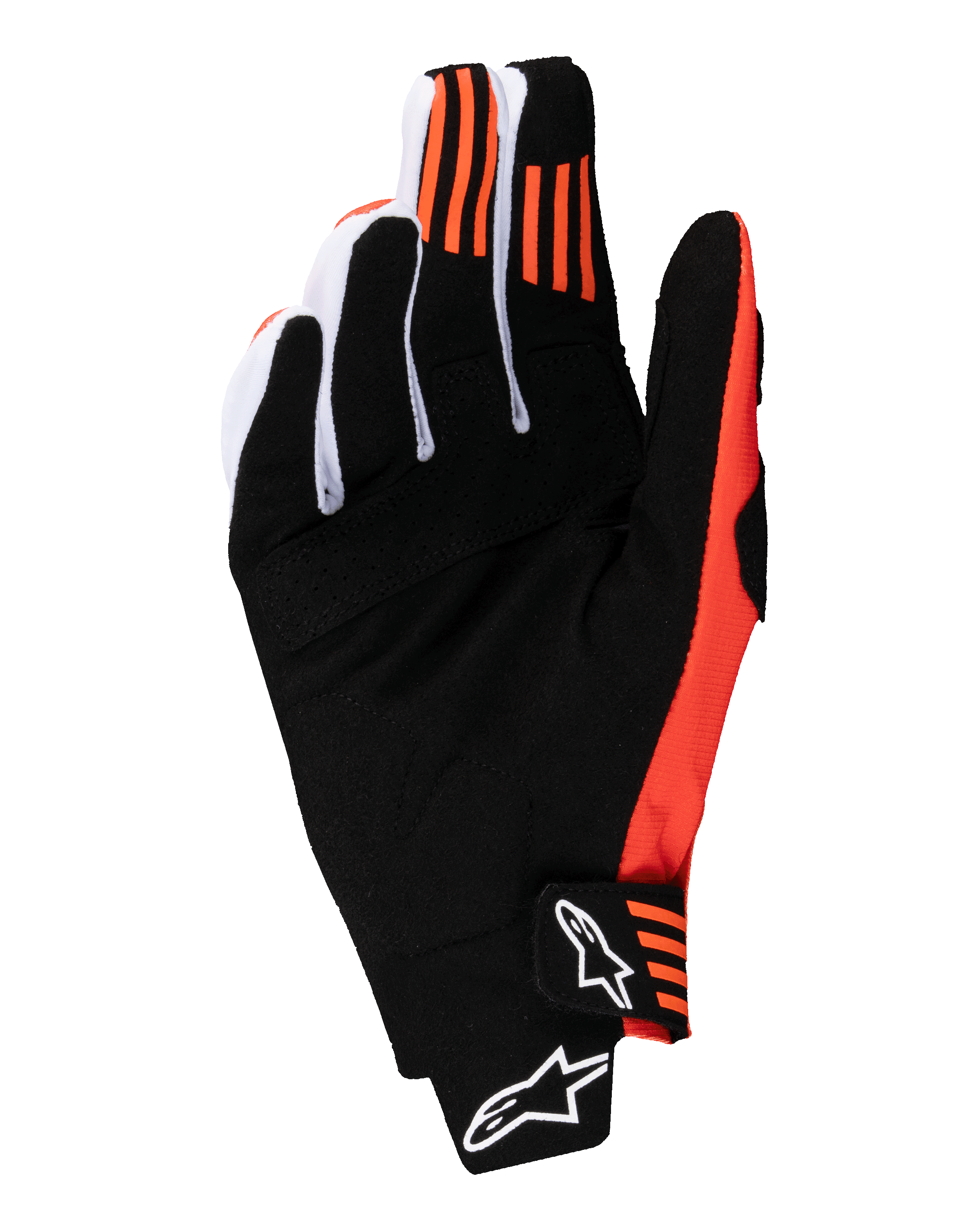 Guantes Alpinestars Techstar 2025, guantes de motocross, negro y naranja intenso, vista de la palma con ante sintético, agarre de silicona naranja en las puntas de los dedos índice y medio, y cierre moldeado con logotipo blanco de Alpinestars.