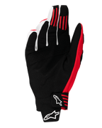 Guantes Alpinestars Techstar 2025, guantes de motocross, negro y rojo brillante, vista de la palma que muestra la construcción de ante sintético, franjas de agarre de silicona roja en los dedos y cierre de muñeca moldeado con logotipos blancos de Alpinestars
