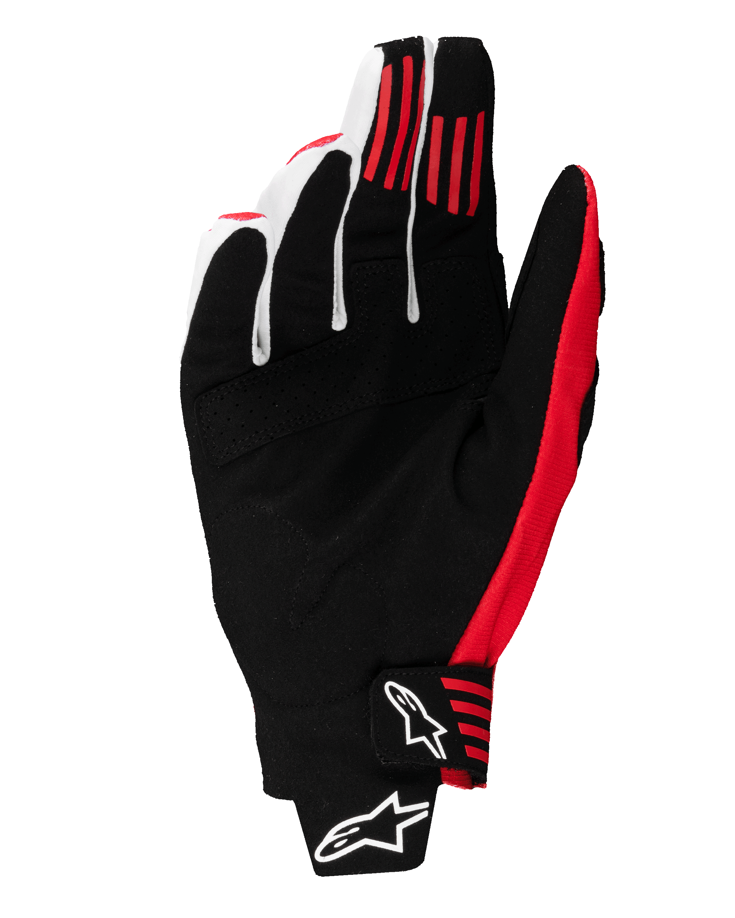 Guantes Alpinestars Techstar 2025, guantes de motocross, negro y rojo brillante, vista de la palma que muestra la construcción de ante sintético, franjas de agarre de silicona roja en los dedos y cierre de muñeca moldeado con logotipos blancos de Alpinestars