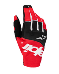 Guantes Alpinestars Techstar 2025, guantes de motocross, negro y rojo brillante con detalles blancos, con gran logotipo Alpinestars sublimado en el dorso y logo de estrella en los nudillos, tejido elástico duradero para carreras todoterreno