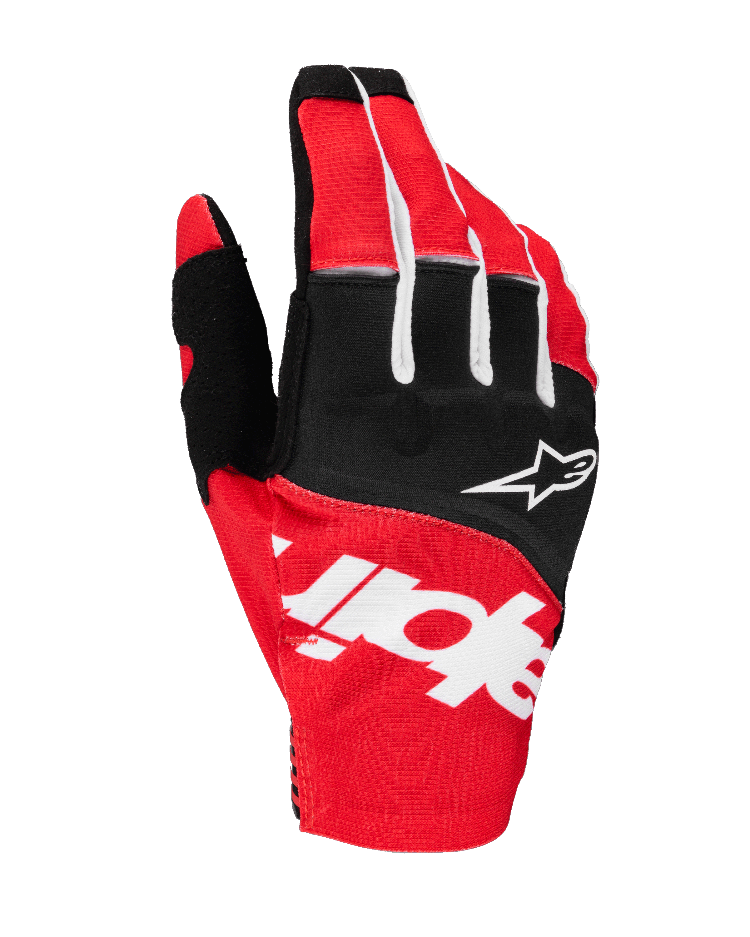 Guantes Alpinestars Techstar 2025, guantes de motocross, negro y rojo brillante con detalles blancos, con gran logotipo Alpinestars sublimado en el dorso y logo de estrella en los nudillos, tejido elástico duradero para carreras todoterreno