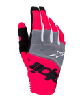 Alpinestars 2025 Techstar Gloves, Motocross Gloves, Pink Fluo Gray and Black, featuring gray knuckle panels with white logo, bold black branding on neon pink stretch fabric, lightweight design with white accents for off-road performance