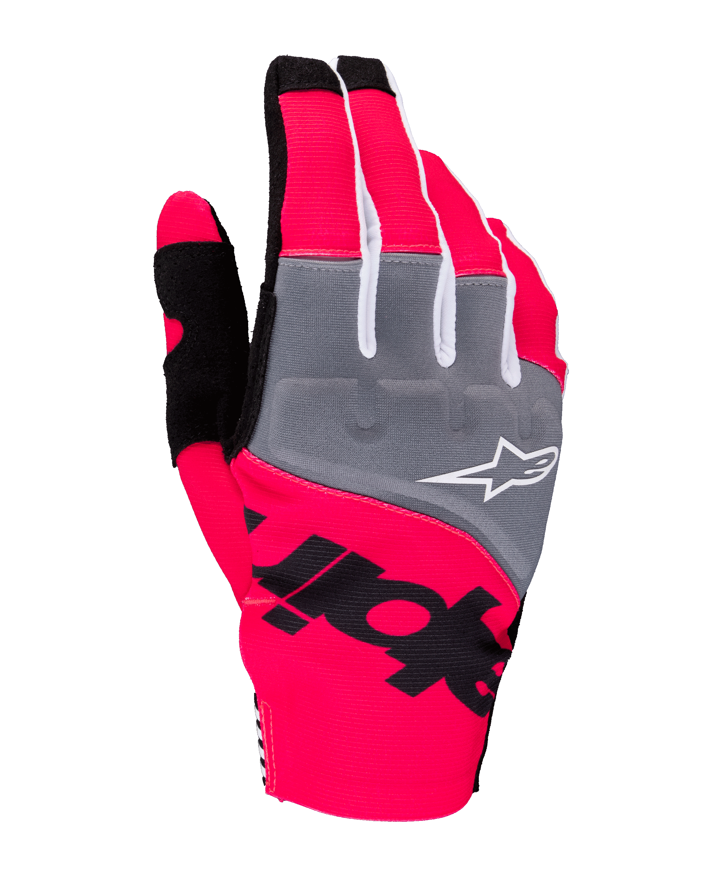 Alpinestars 2025 Techstar Gloves, Motocross Gloves, Pink Fluo Gray and Black, featuring gray knuckle panels with white logo, bold black branding on neon pink stretch fabric, lightweight design with white accents for off-road performance