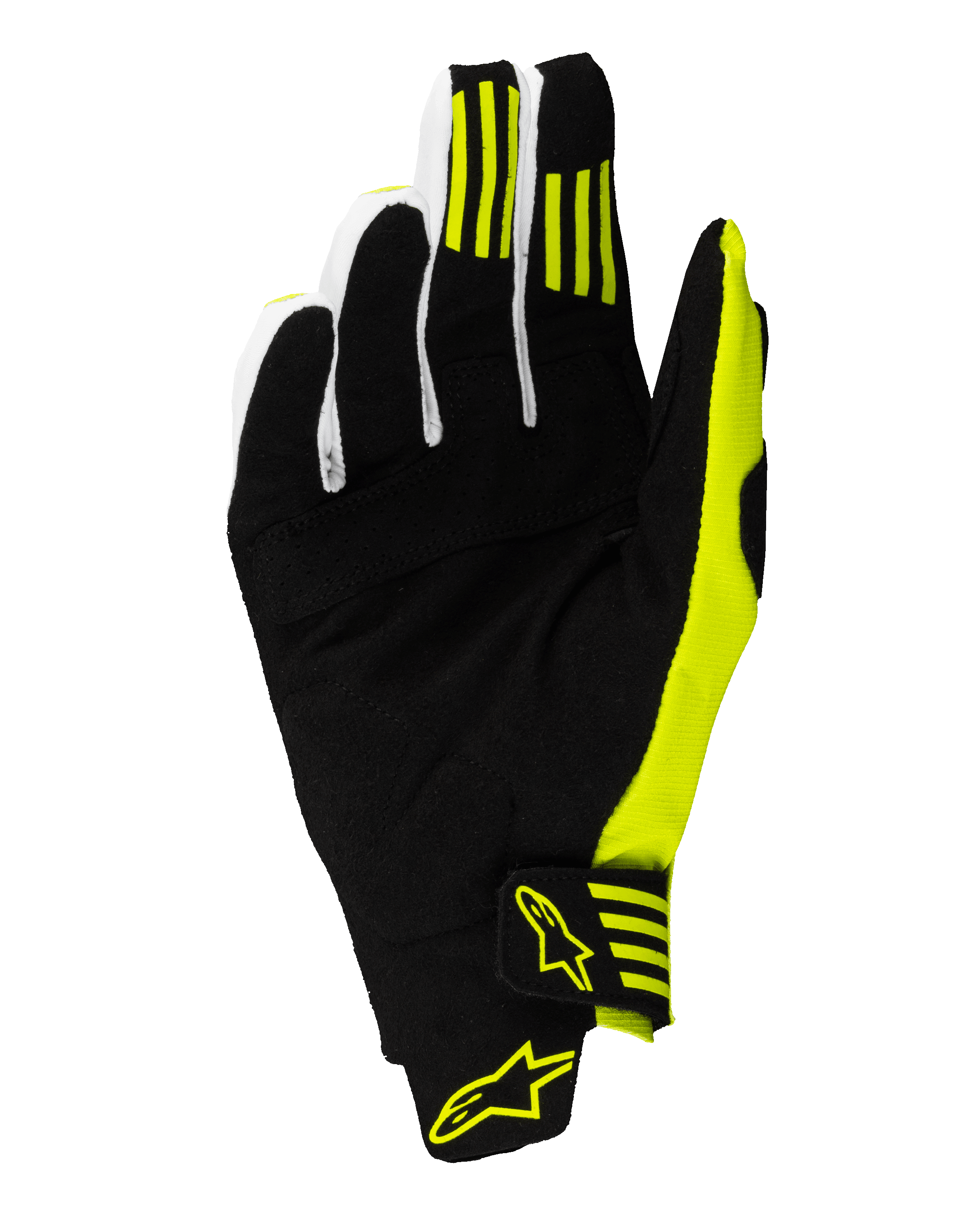 Alpinestars 2025 Techstar Gloves, Motocross Gloves, Black and Yellow Fluo, palm side view featuring reinforced synthetic suede, silicone grip stripes on the first and second fingers, and a secure wrist closure with yellow logos.