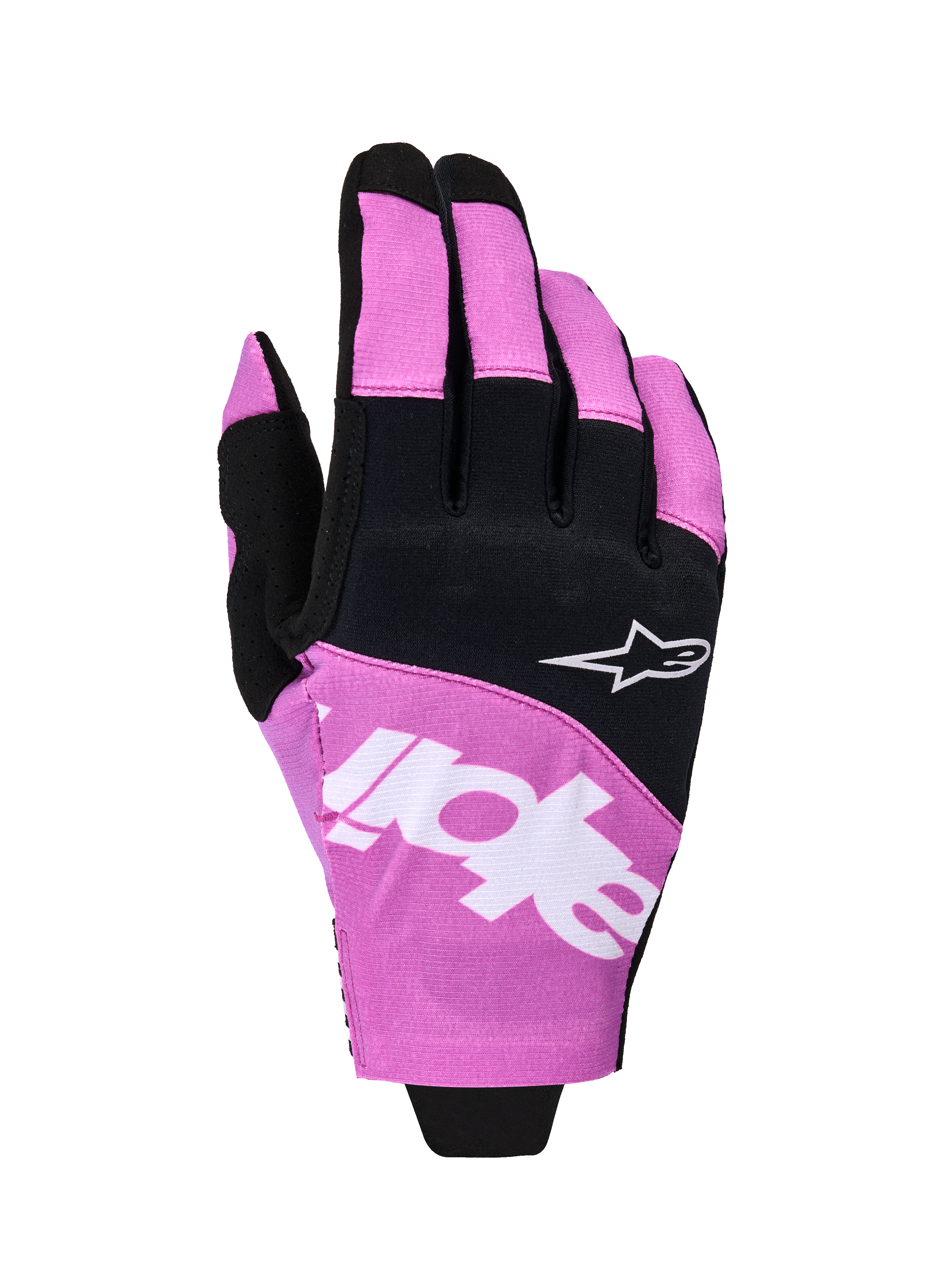 Guantes Alpinestars Techstar 2026, guantes de motocross, negro y morado, vista del dorso con el logotipo Astar y la marca en blanco, construcción de micro ripstop elástico, protección de manos de alto rendimiento para todoterreno