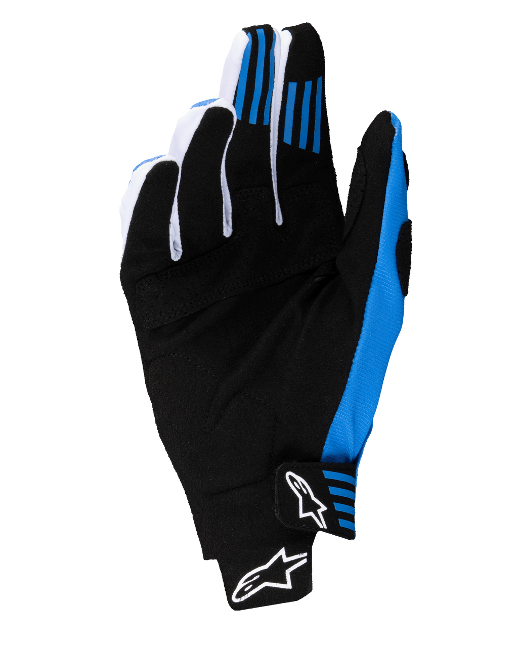 Alpinestars 2025 Techstar Gloves, guantes de motocross, negro y azul, vista de la palma que muestra la construcción de ante sintético reforzado, agarres de silicona azul en los dedos y cierre de muñeca sin costuras con logotipos Astars en blanco.