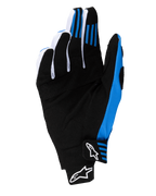 Alpinestars 2025 Techstar Gloves, guantes de motocross, negro y azul, vista de la palma que muestra la construcción de ante sintético reforzado, agarres de silicona azul en los dedos y cierre de muñeca sin costuras con logotipos Astars en blanco.