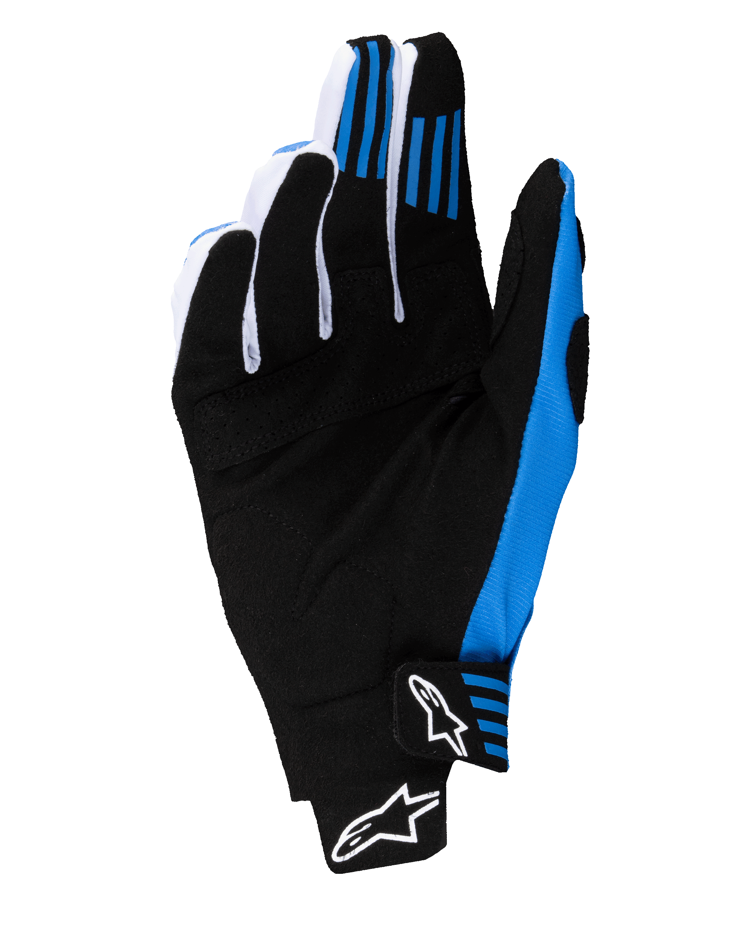 Alpinestars 2025 Techstar Gloves, guantes de motocross, negro y azul, vista de la palma que muestra la construcción de ante sintético reforzado, agarres de silicona azul en los dedos y cierre de muñeca sin costuras con logotipos Astars en blanco.