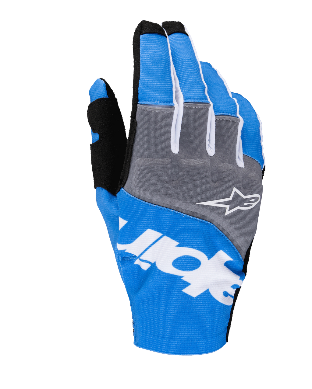 Guantes Alpinestars Techstar 2025, guantes de motocross, azul y gris con detalles en blanco y negro, con logotipo de estrella blanca en los nudillos, marca blanca llamativa en el dorso y tejido acanalado para carreras todoterreno