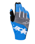 Guantes Alpinestars Techstar 2025, guantes de motocross, azul y gris con detalles en blanco y negro, con logotipo de estrella blanca en los nudillos, marca blanca llamativa en el dorso y tejido acanalado para carreras todoterreno