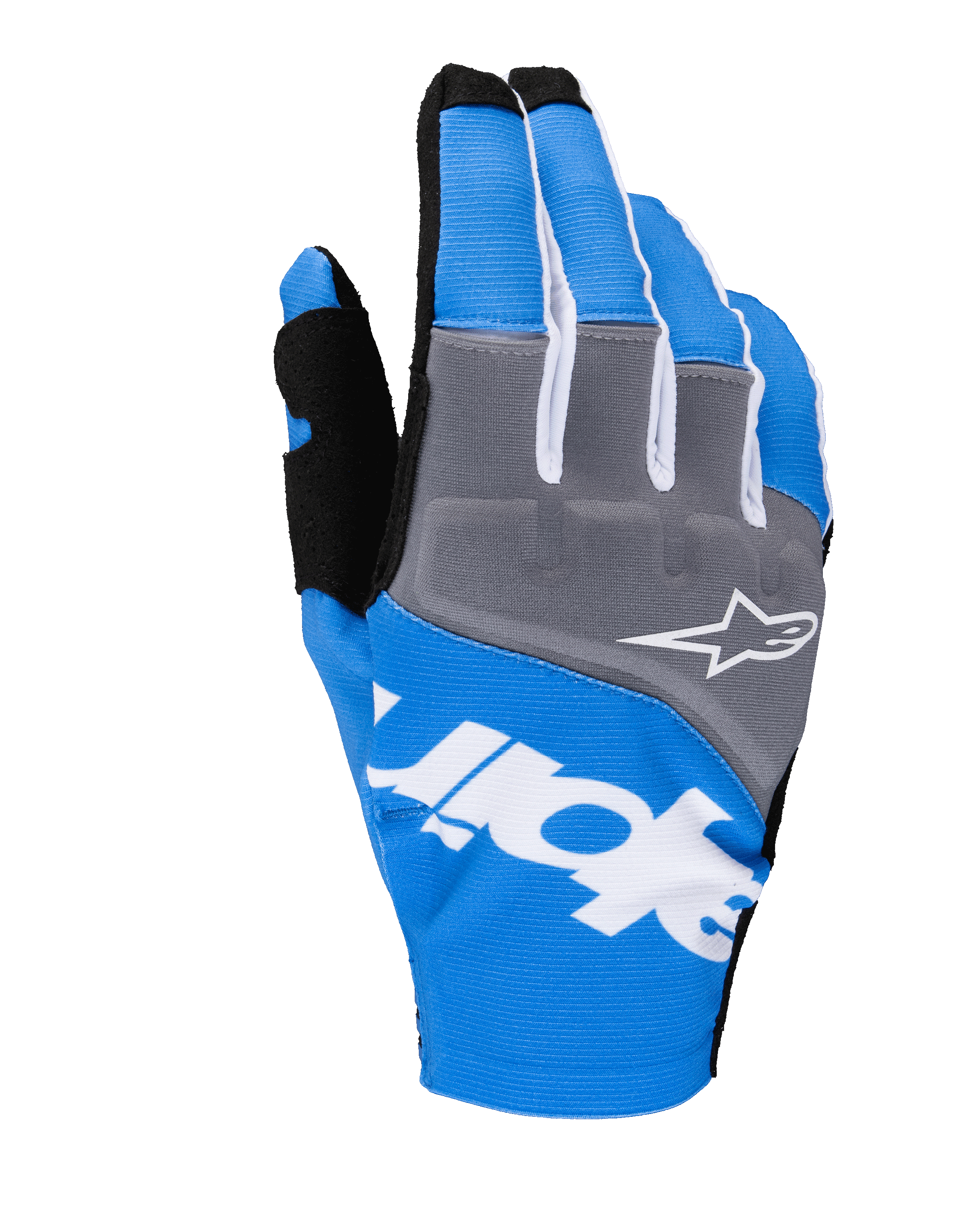 Guantes Alpinestars Techstar 2025, guantes de motocross, azul y gris con detalles en blanco y negro, con logotipo de estrella blanca en los nudillos, marca blanca llamativa en el dorso y tejido acanalado para carreras todoterreno