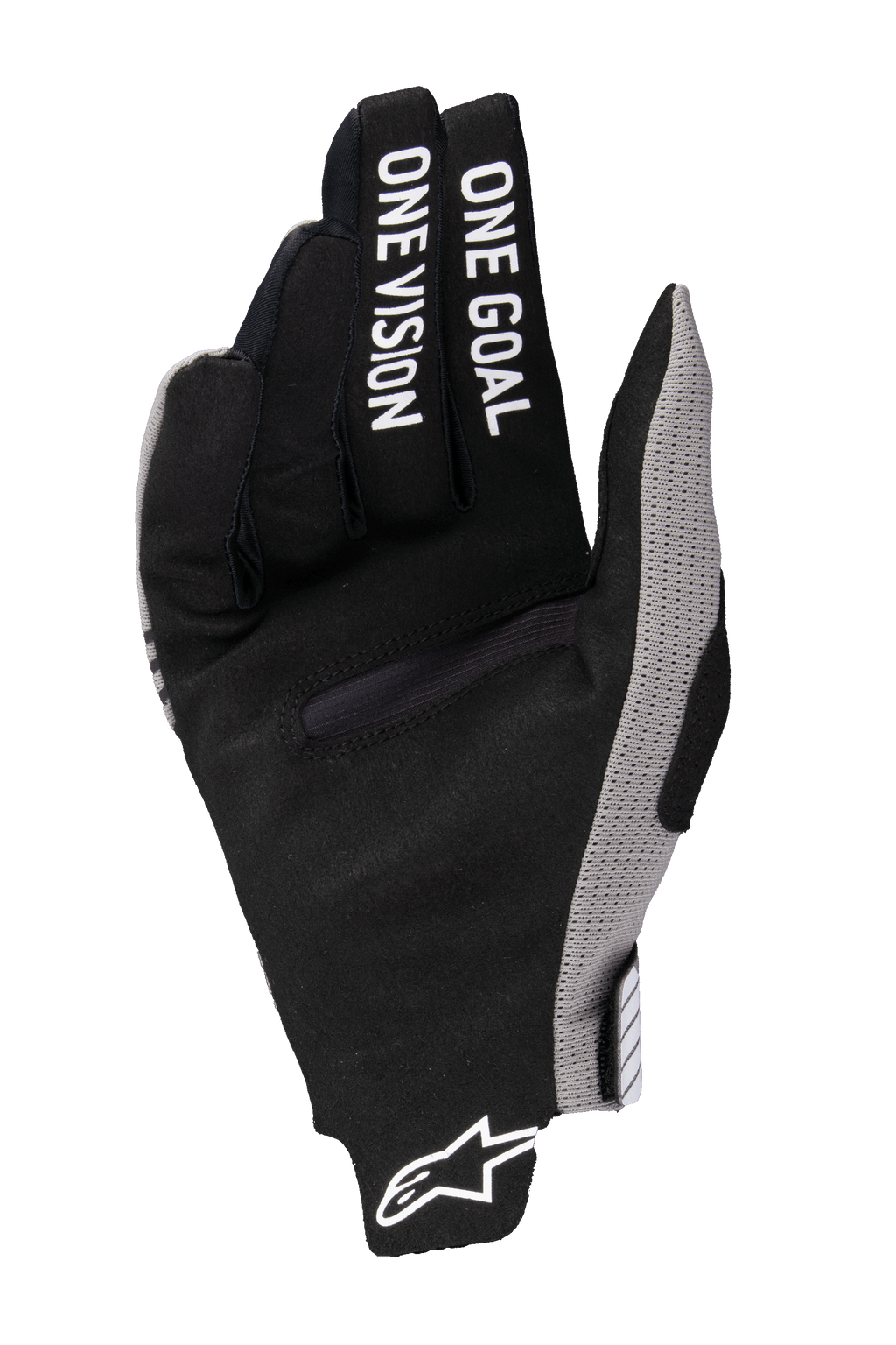Guantes Alpinestars Radar Pro 2025, guantes de motocross, negros con detalles en gris, vista de la palma con la inscripción 'ONE GOAL ONE VISION' impresa en los dedos, material de gamuza sintética, diseño minimalista para rendimiento off-road
