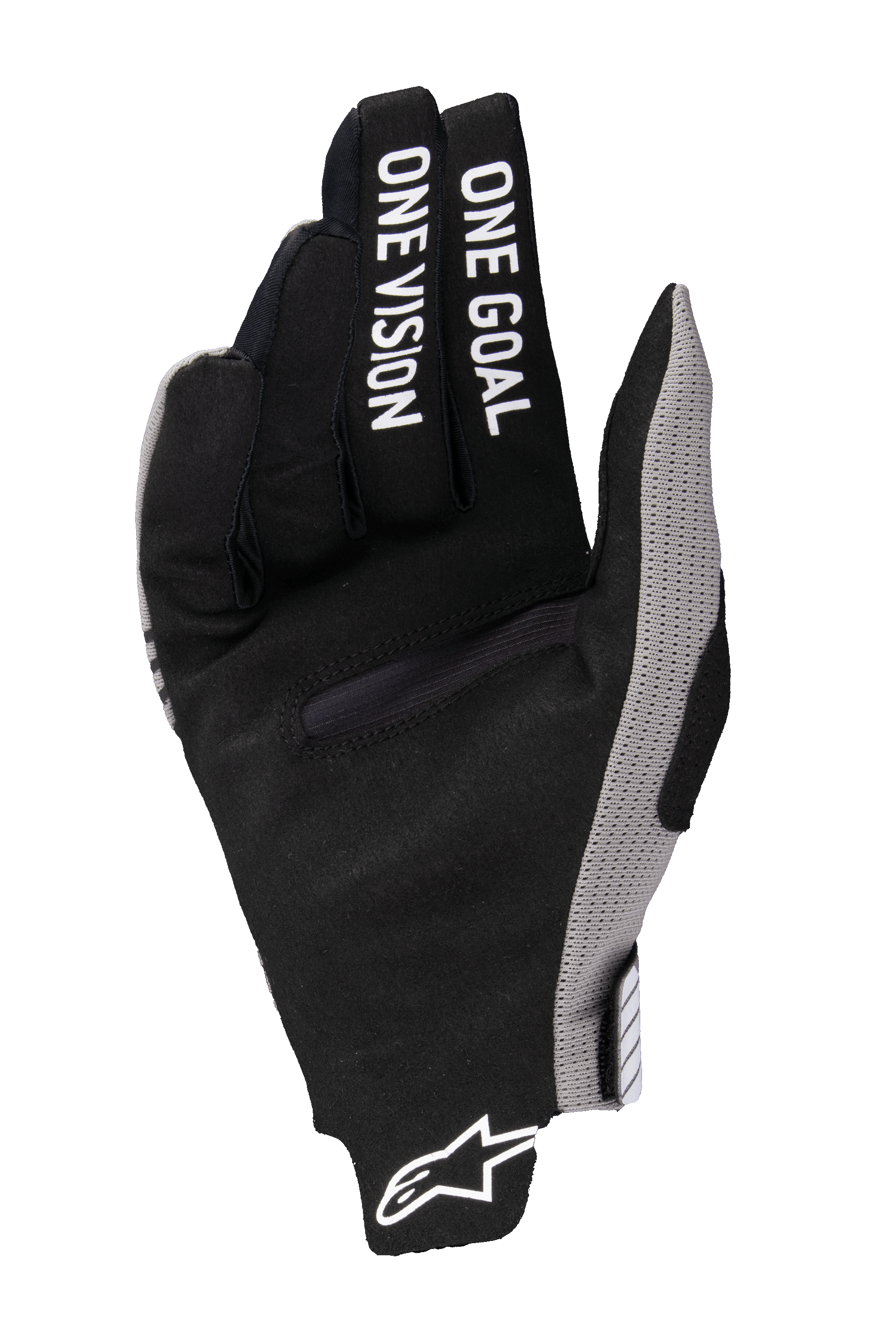 Guantes Alpinestars Radar Pro 2025, guantes de motocross, negros con detalles en gris, vista de la palma con la inscripción 'ONE GOAL ONE VISION' impresa en los dedos, material de gamuza sintética, diseño minimalista para rendimiento off-road