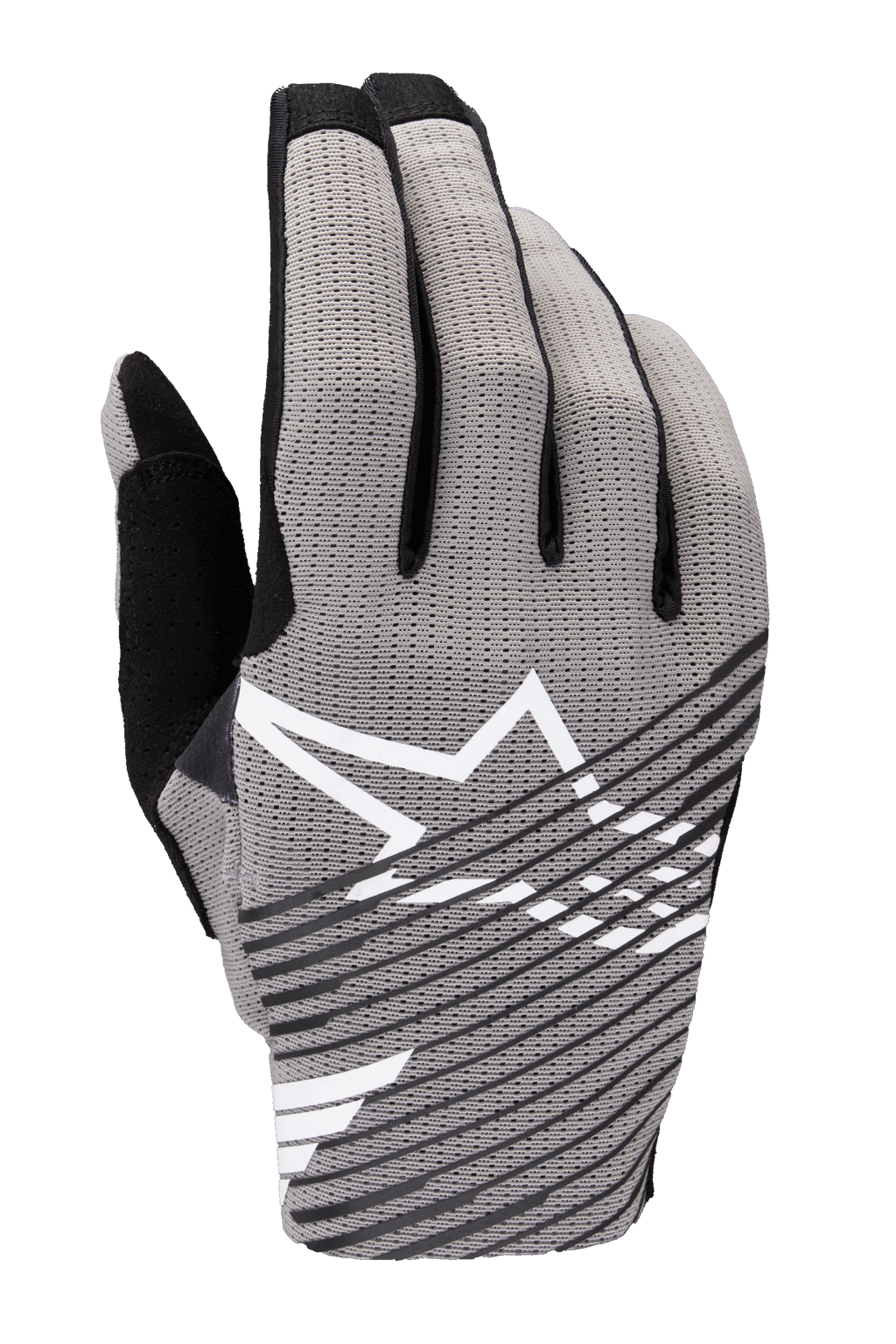 Alpinestars 2025 Radar Pro Gloves, guantes de motocross, gris con detalles en negro y blanco, con dorso de malla elástica en 4 vías transpirable, logotipo de estrella blanca, diseño de rayas diagonales negras y estilo de carreras minimalista de alto rendimiento
