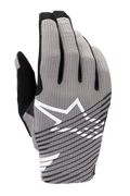 Alpinestars 2025 Radar Pro Gloves, guantes de motocross, gris con detalles en negro y blanco, con dorso de malla elástica en 4 vías transpirable, logotipo de estrella blanca, diseño de rayas diagonales negras y estilo de carreras minimalista de alto rendimiento