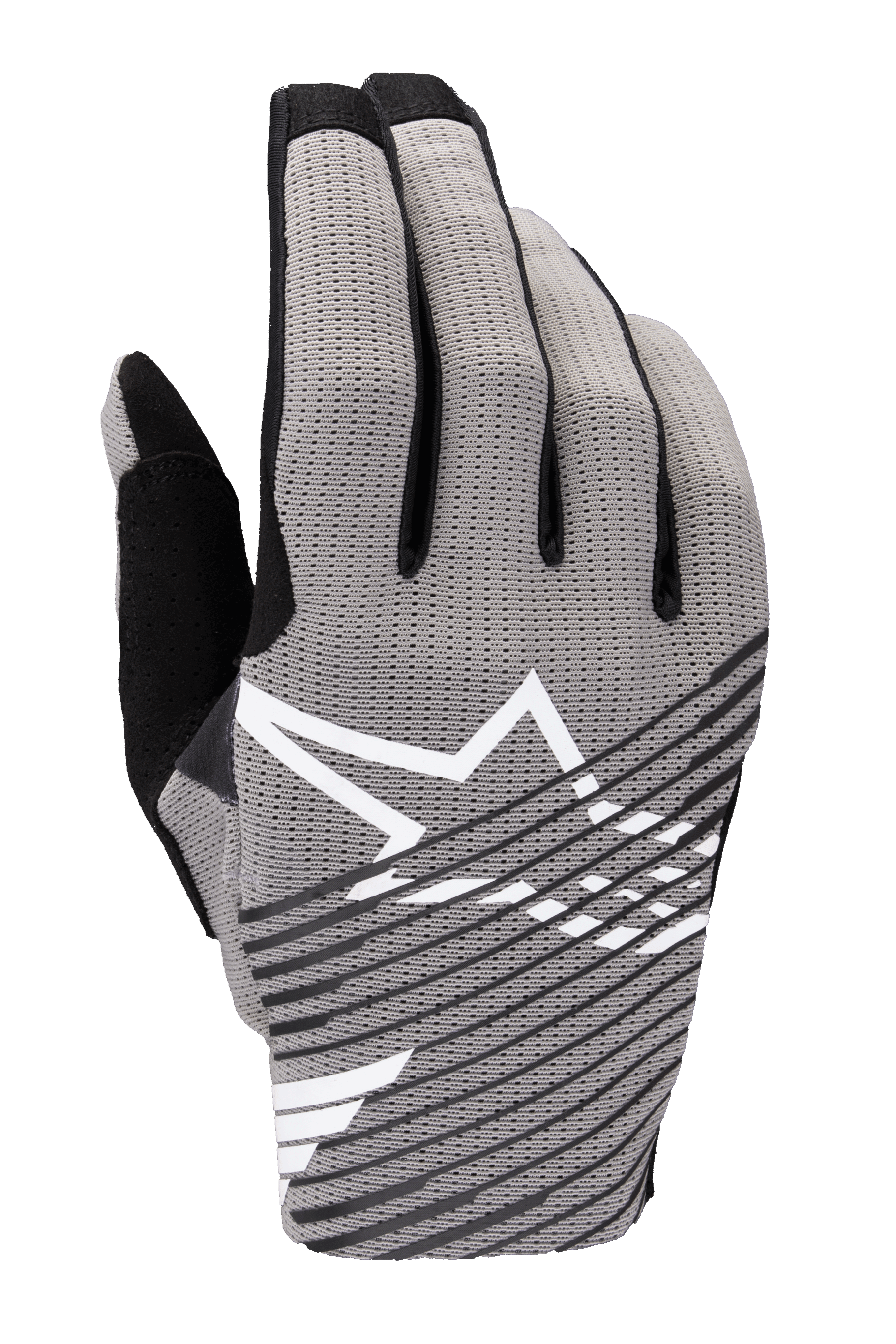 Alpinestars 2025 Radar Pro Gloves, guantes de motocross, gris con detalles en negro y blanco, con dorso de malla elástica en 4 vías transpirable, logotipo de estrella blanca, diseño de rayas diagonales negras y estilo de carreras minimalista de alto rendimiento