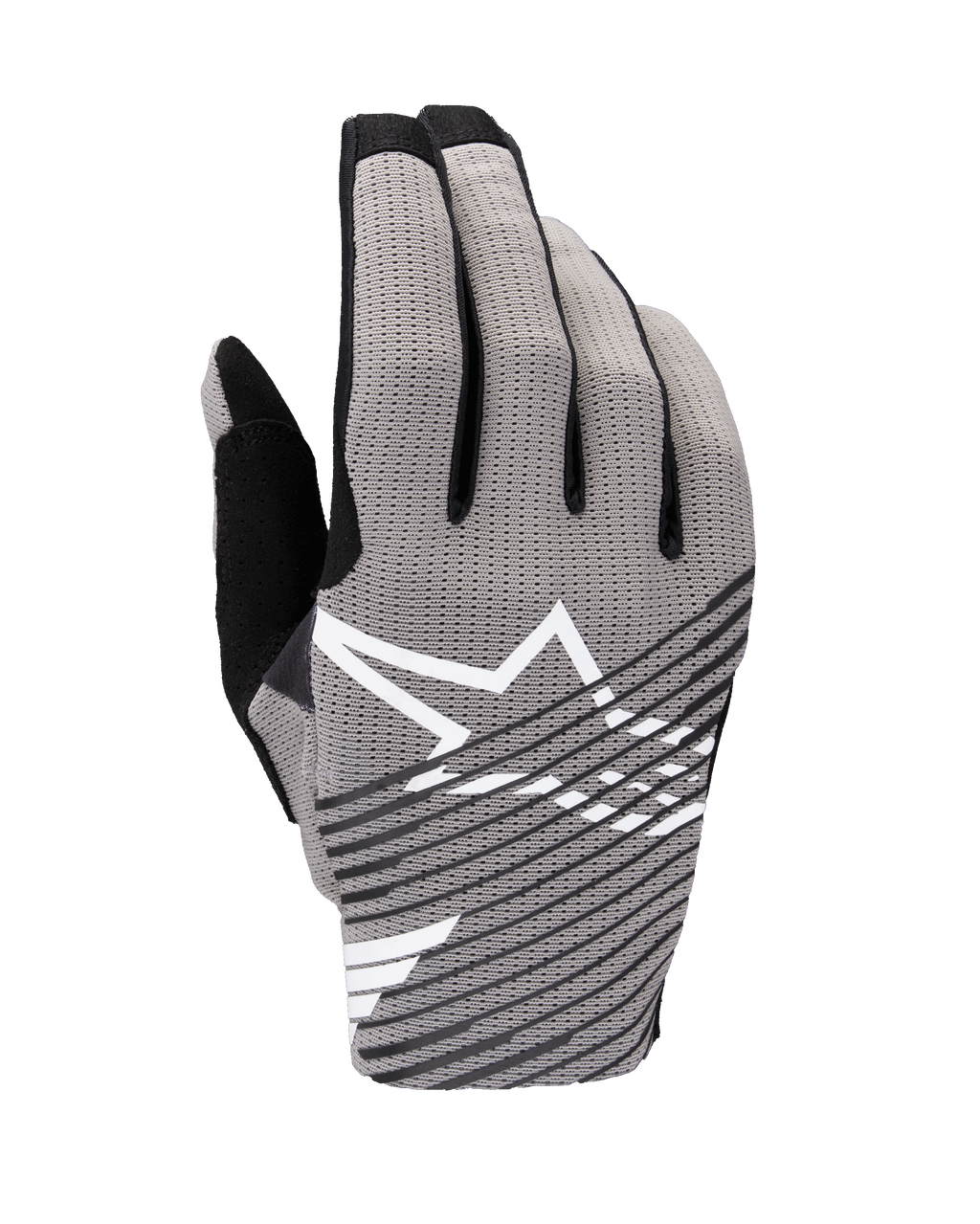Alpinestars 2025 Radar Pro Gloves, guantes de motocross, gris y negro, vista del dorso con malla elástica en 4 direcciones transpirable, logo de estrella blanca con rayas diagonales negras, diseñados para rendimiento y flujo de aire