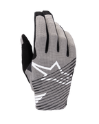 Alpinestars 2025 Radar Pro Gloves, guantes de motocross, gris y negro, vista del dorso con malla elástica en 4 direcciones transpirable, logo de estrella blanca con rayas diagonales negras, diseñados para rendimiento y flujo de aire
