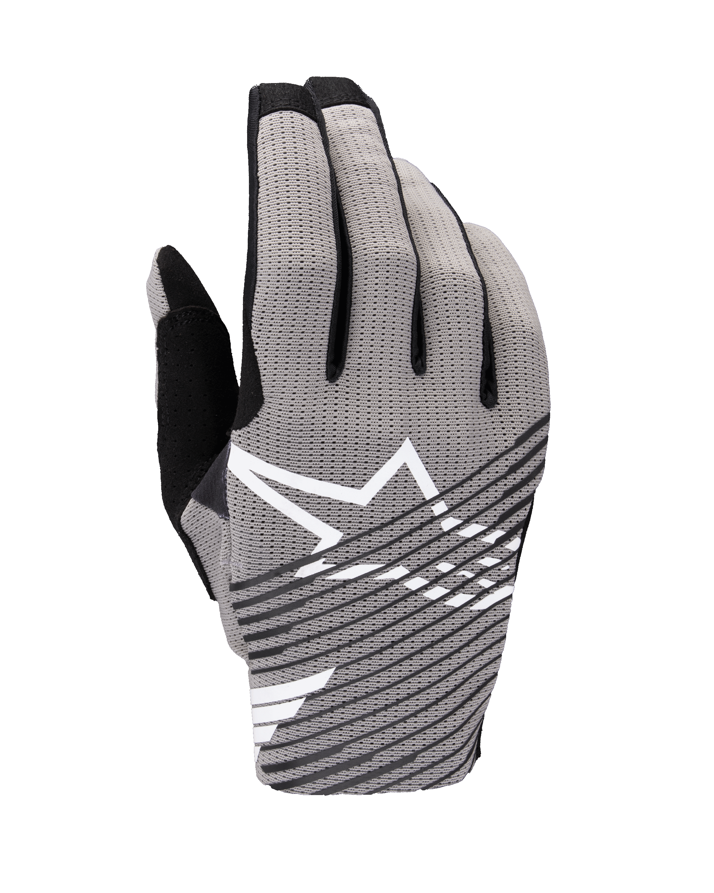 Alpinestars 2025 Radar Pro Gloves, guantes de motocross, gris y negro, vista del dorso con malla elástica en 4 direcciones transpirable, logo de estrella blanca con rayas diagonales negras, diseñados para rendimiento y flujo de aire