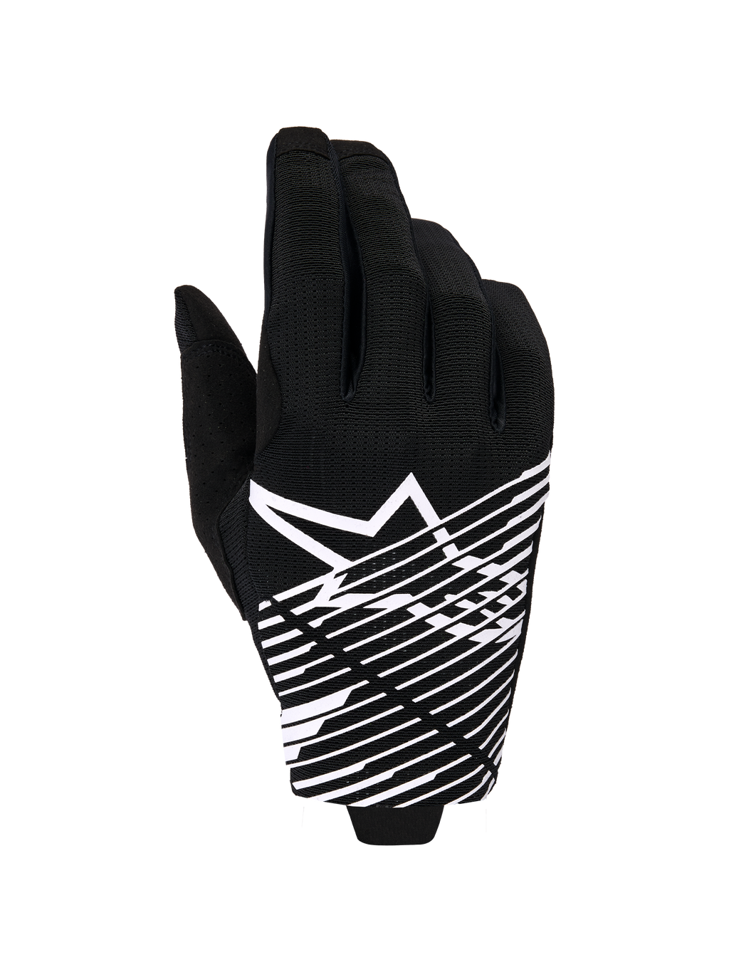 Guantes Alpinestars Radar Pro 2026, guantes de motocross, negro y blanco, con logotipo de estrella blanca y gráfico de líneas diagonales en el dorso, material de malla transpirable con detalles perforados, estilo todoterreno de alto rendimiento