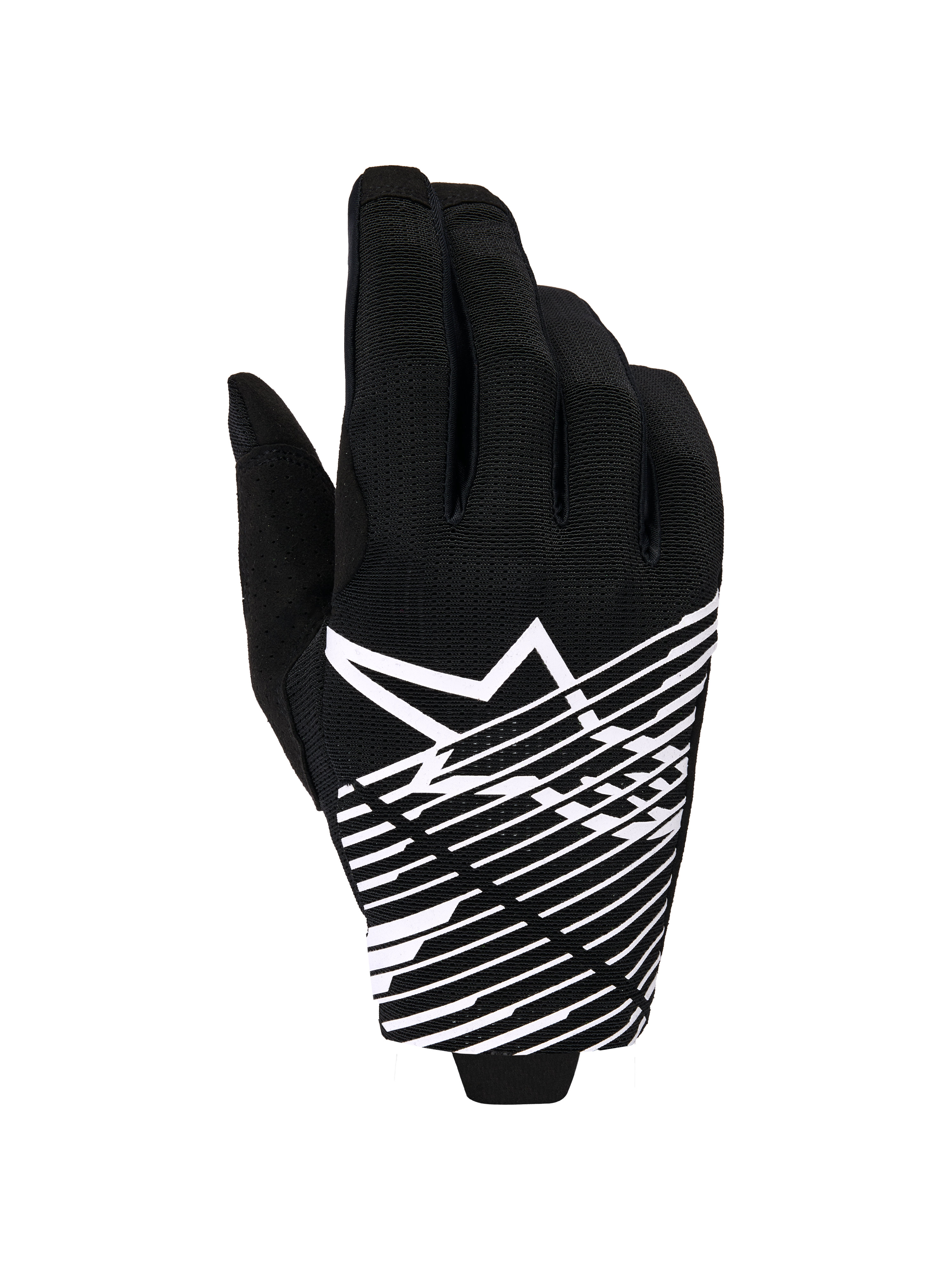 Guantes Alpinestars Radar Pro 2026, guantes de motocross, negro y blanco, con logotipo de estrella blanca y gráfico de líneas diagonales en el dorso, material de malla transpirable con detalles perforados, estilo todoterreno de alto rendimiento
