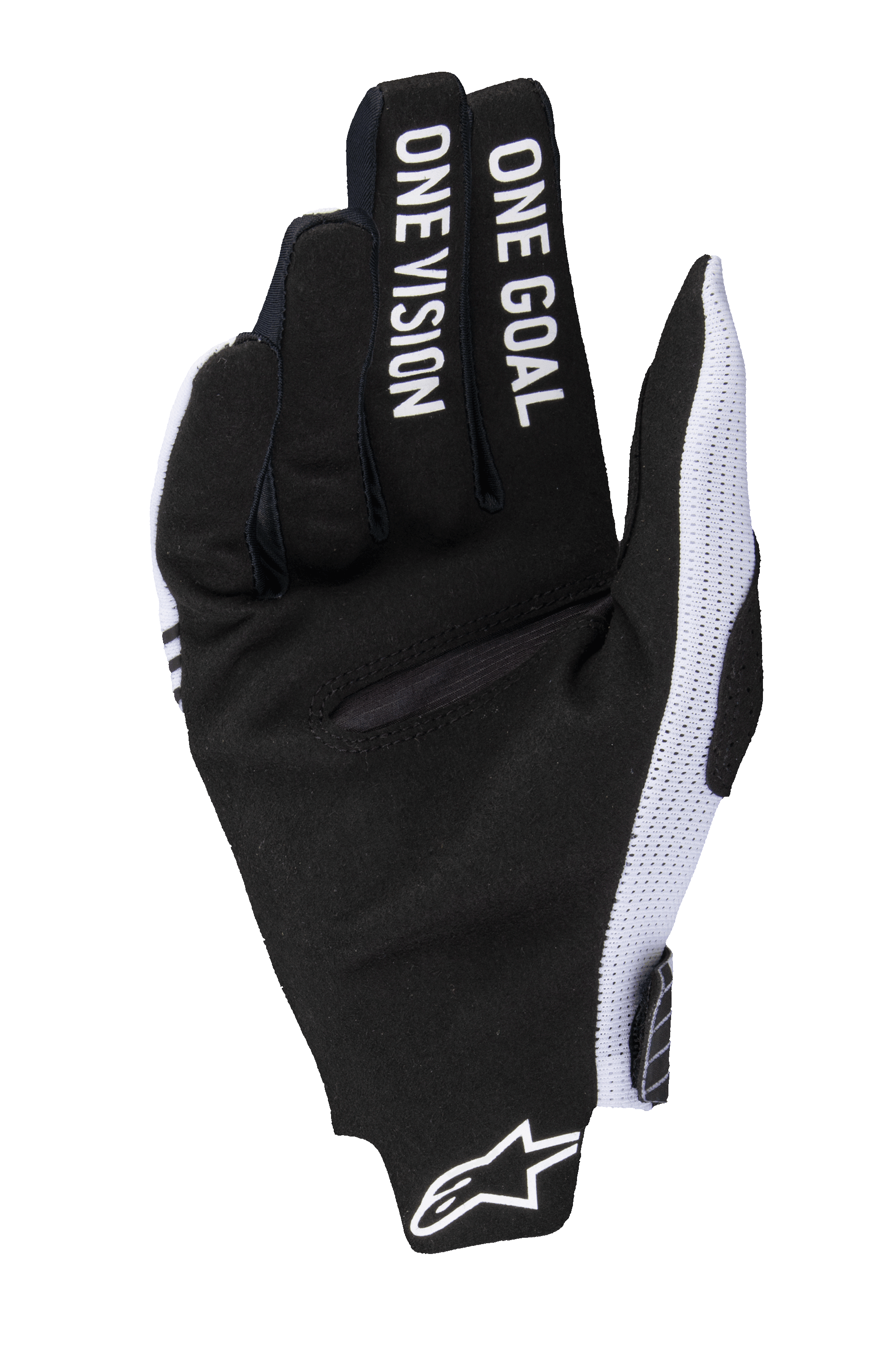 Alpinestars Guantes Radar Pro 2025, guantes de motocross, blancos y negros, vista de la palma con ante sintético negro y el texto 'ONE GOAL ONE VISION' en los dedos, paneles laterales de malla blanca y logotipo de Alpinestars en la muñeca.