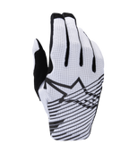 Guantes Alpinestars Radar Pro 2025, guantes de motocross, blancos y negros, vista del dorso con construcción de malla perforada, logotipo de la estrella Alpinestars en negro con líneas gráficas horizontales y detalles negros en los dedos.