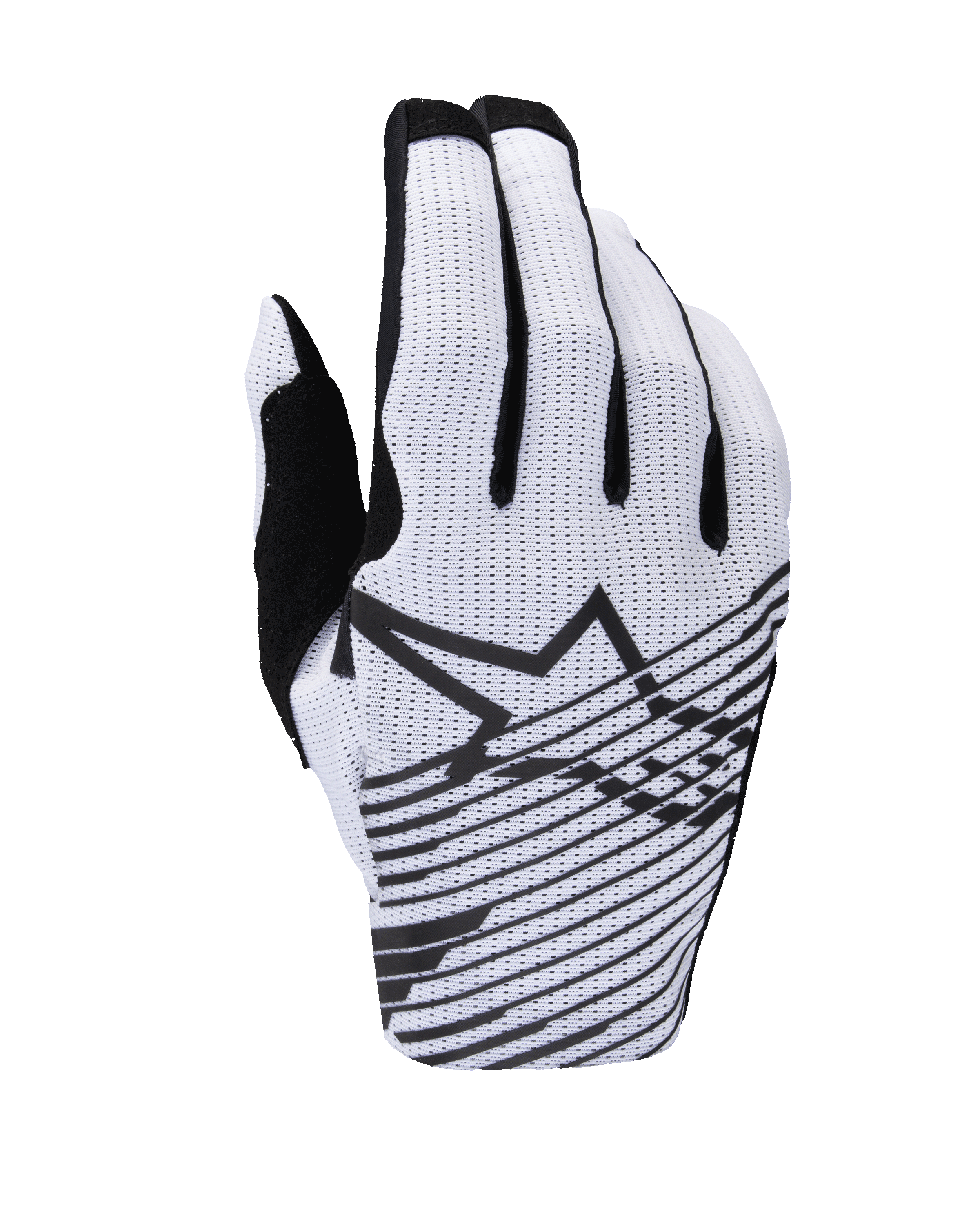 Guantes Alpinestars Radar Pro 2025, guantes de motocross, blancos y negros, vista del dorso con construcción de malla perforada, logotipo de la estrella Alpinestars en negro con líneas gráficas horizontales y detalles negros en los dedos.