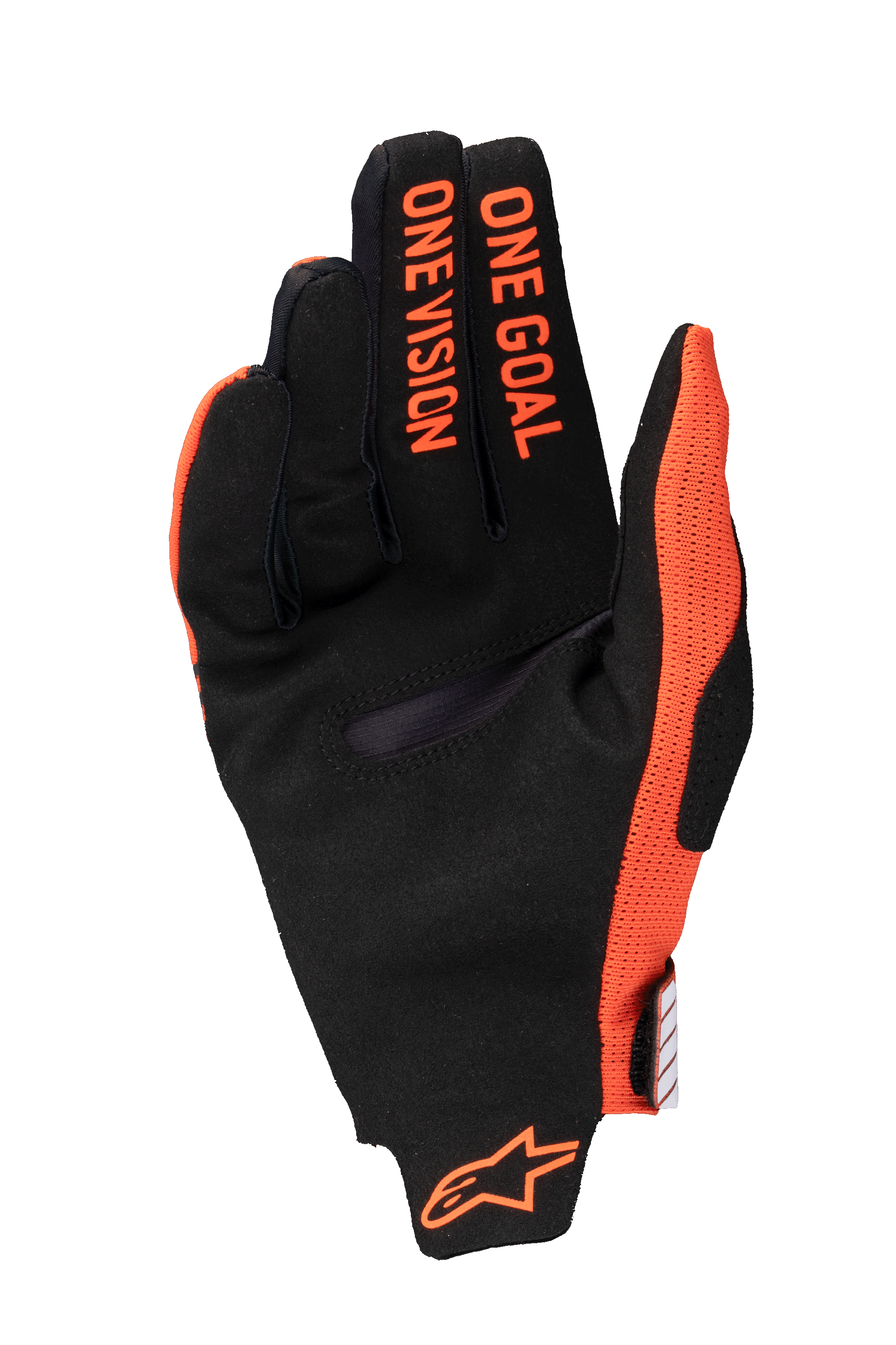 Guantes Alpinestars Radar Pro 2025, guantes de motocross, color naranja y negro, vista de la palma con el texto 'ONE GOAL ONE VISION' en los dedos y logotipo naranja en la muñeca, construcción de ante sintético y malla transpirable para rendimiento off-road.