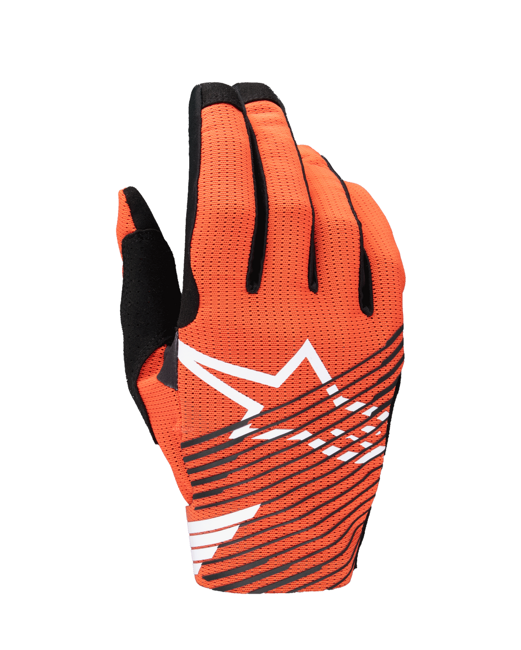 Alpinestars Radar Pro Gloves 2025, guantes de motocross, naranja y negro, con un gran logotipo de estrella blanco y rayas diagonales negras en el dorso de malla perforada, diseñados para un rendimiento ligero y flujo de aire