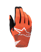 Alpinestars Radar Pro Gloves 2025, guantes de motocross, naranja y negro, con un gran logotipo de estrella blanco y rayas diagonales negras en el dorso de malla perforada, diseñados para un rendimiento ligero y flujo de aire