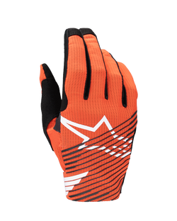 Alpinestars 2025 Radar Pro Gloves, Motocross Gloves, Hot Orange and Black, featuring a large white star logo and black diagonal stripes on a perforated mesh backhand, designed for lightweight performance and airflow