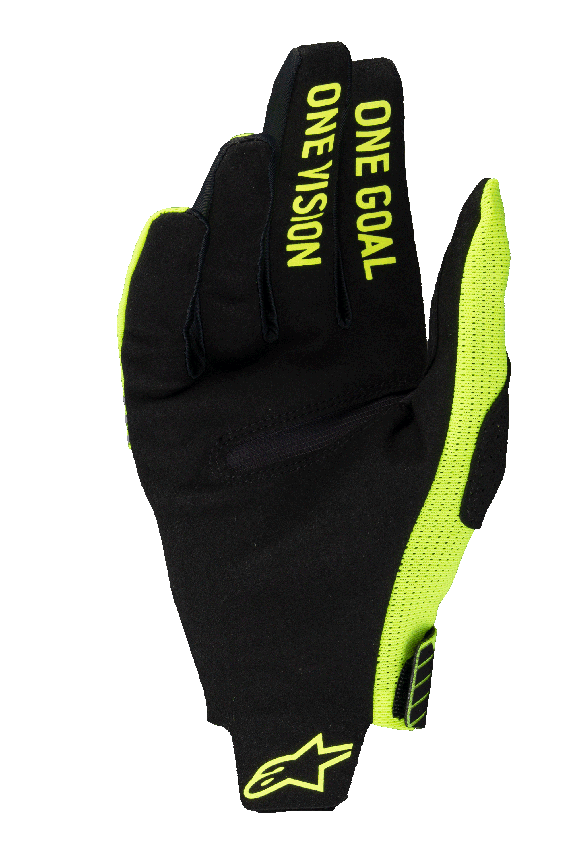 Alpinestars 2025 Radar Pro Gloves, Motocross Gloves, Yellow Fluo and Black, palm view featuring synthetic suede with 'ONE GOAL ONE VISION' text on fingers, fluo yellow mesh side panel and wrist logo.