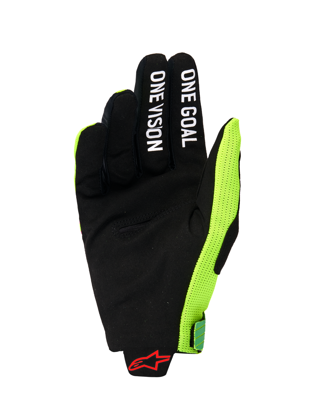 Guantes Alpinestars Radar Pro 2026, vista de la palma de un guante de motocross, ante sintético negro con el texto blanco 'ONE GOAL' y 'ONE VISION' en los dedos, panel lateral de malla amarillo flúor brillante, logotipo de Alpinestars en rojo en la muñeca, equipamiento de rendimiento minimalista para conducción off-road