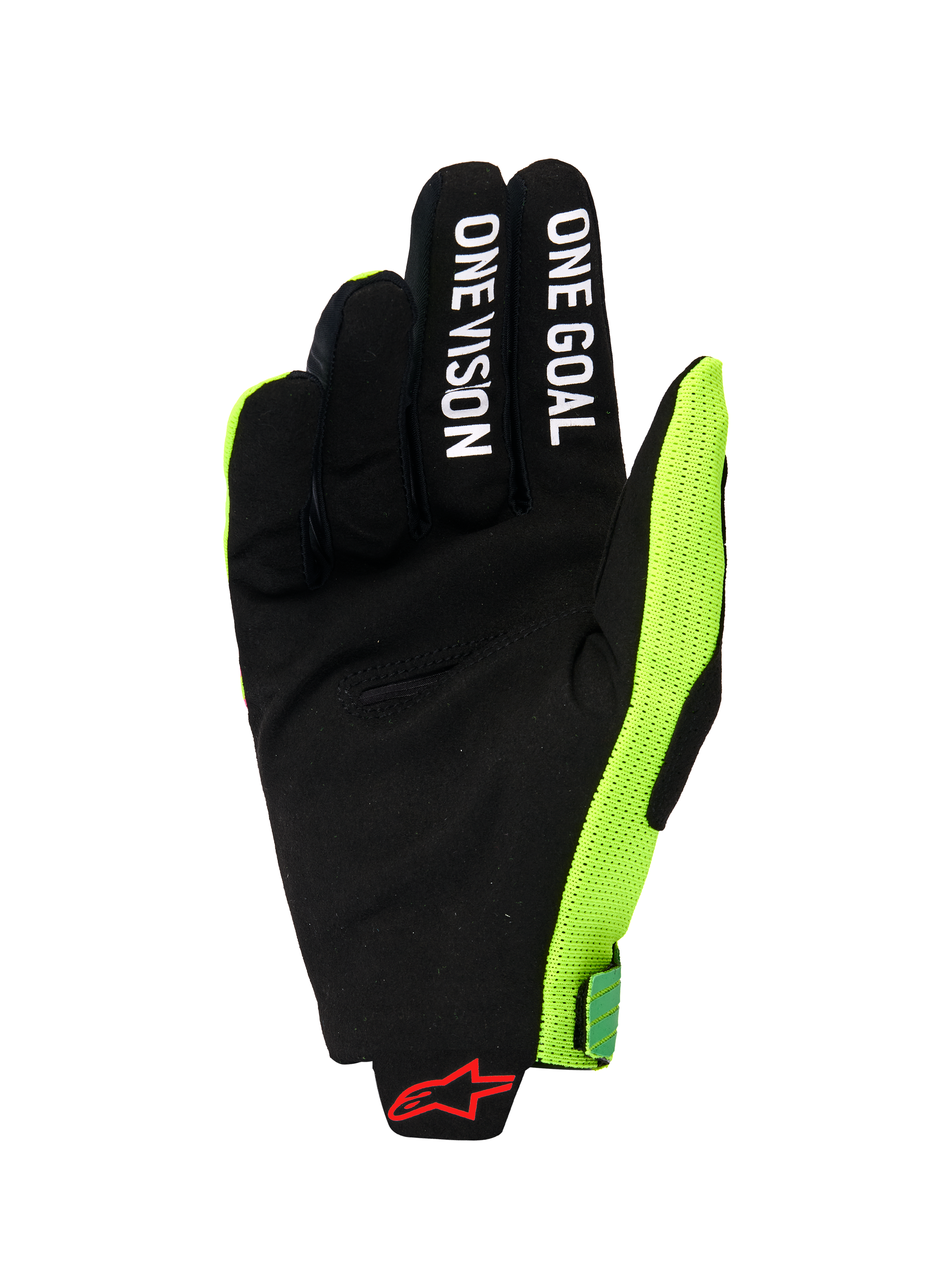Guantes Alpinestars Radar Pro 2026, vista de la palma de un guante de motocross, ante sintético negro con el texto blanco 'ONE GOAL' y 'ONE VISION' en los dedos, panel lateral de malla amarillo flúor brillante, logotipo de Alpinestars en rojo en la muñeca, equipamiento de rendimiento minimalista para conducción off-road