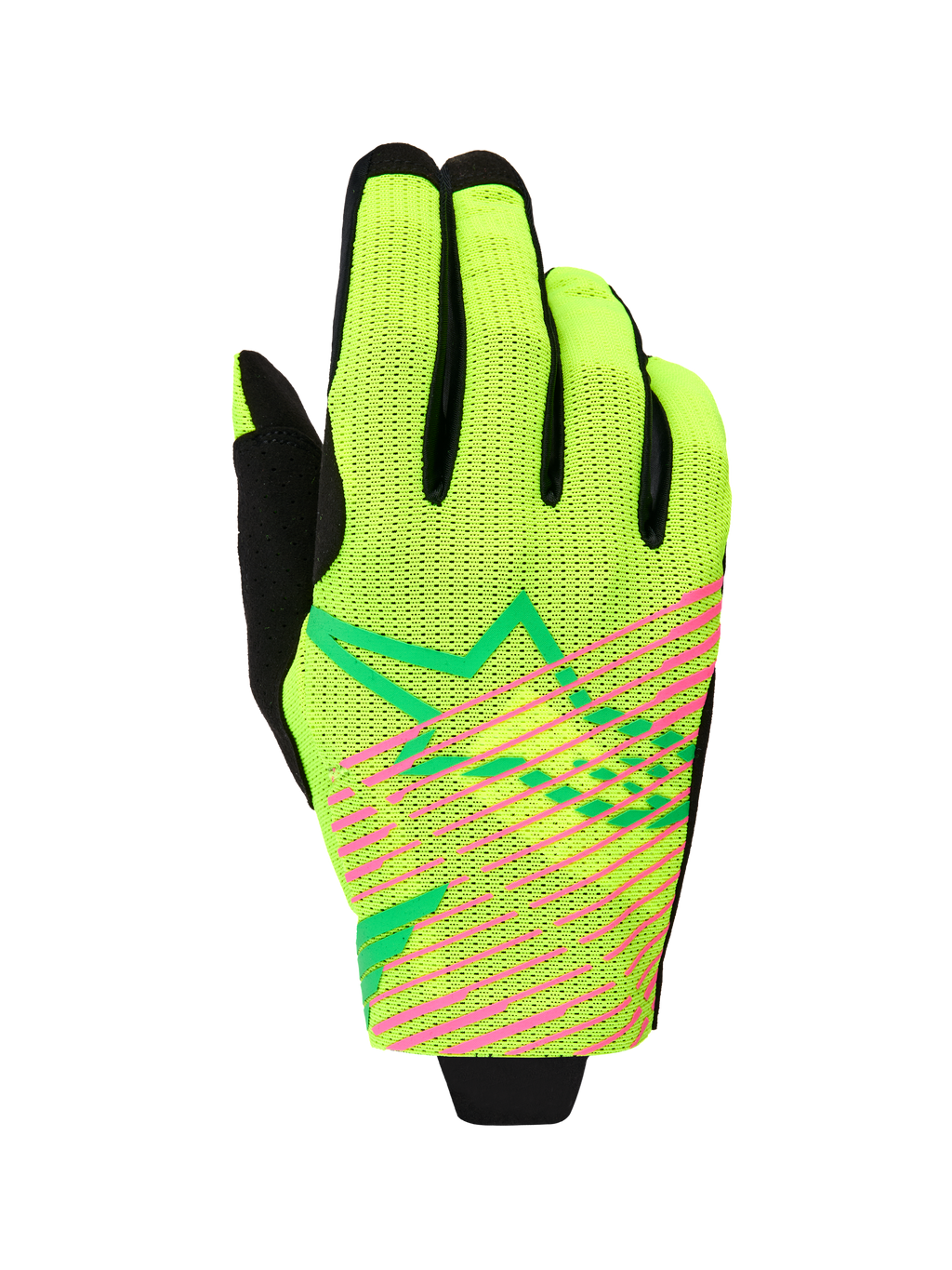 Alpinestars Radar Pro 2026, guantes de motocross, verde amarillo flúor y rosa flúor, construcción de malla de una sola capa con rayas diagonales rosa vibrante y logotipo de estrella geométrica verde, equipamiento ligero para carreras todoterreno