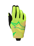 Alpinestars Radar Pro 2026, guantes de motocross, verde amarillo flúor y rosa flúor, construcción de malla de una sola capa con rayas diagonales rosa vibrante y logotipo de estrella geométrica verde, equipamiento ligero para carreras todoterreno
