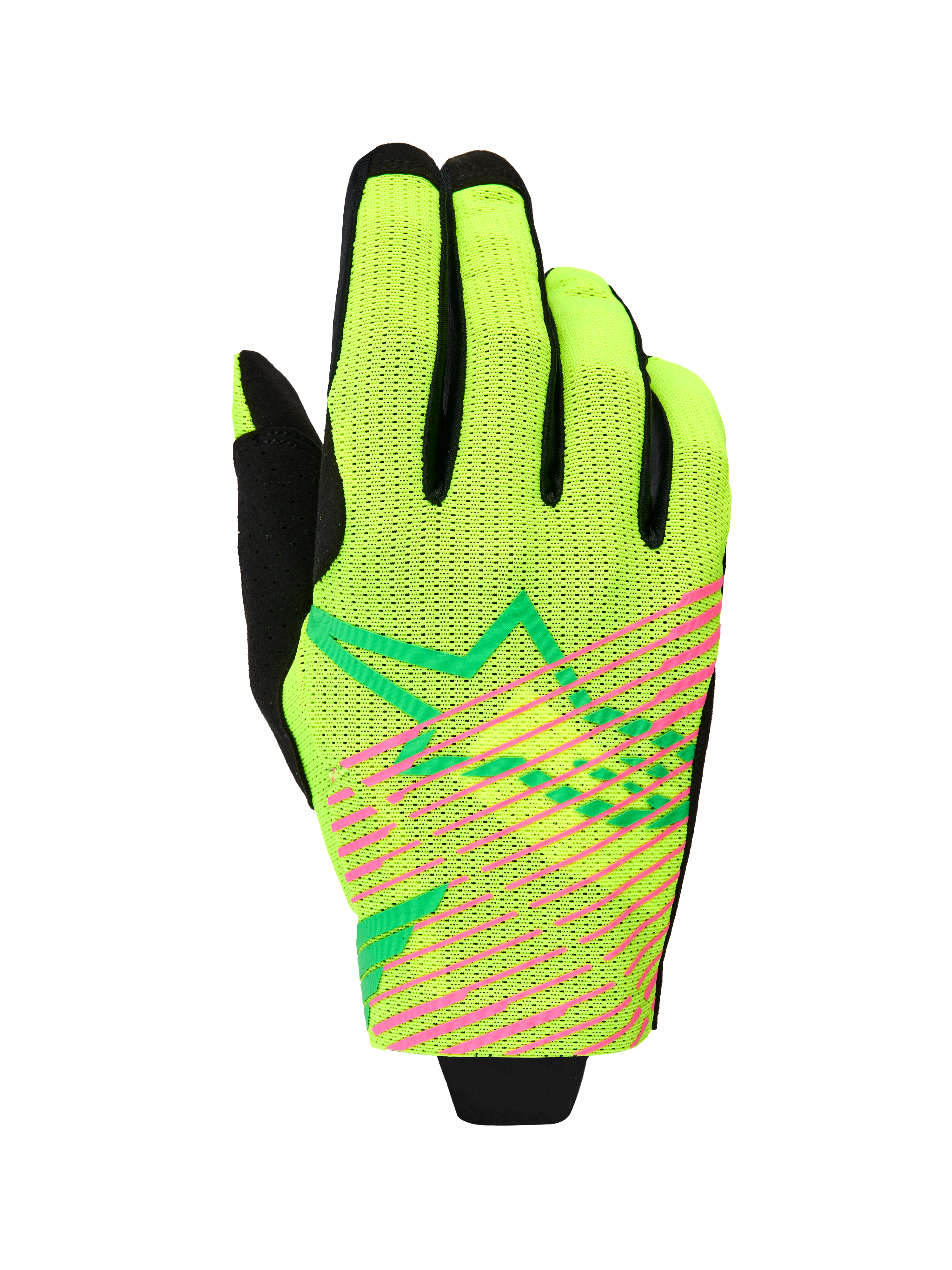 Alpinestars Radar Pro 2026, guantes de motocross, verde amarillo flúor y rosa flúor, construcción de malla de una sola capa con rayas diagonales rosa vibrante y logotipo de estrella geométrica verde, equipamiento ligero para carreras todoterreno
