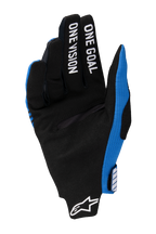 Guantes Alpinestars Radar Pro 2025, guantes de motocross, azul y negro, vista de la palma con ante sintético negro, "ONE GOAL ONE VISION" impreso en blanco en los dedos, logo de Alpinestars blanco en la muñeca, diseño ligero para competición todoterreno