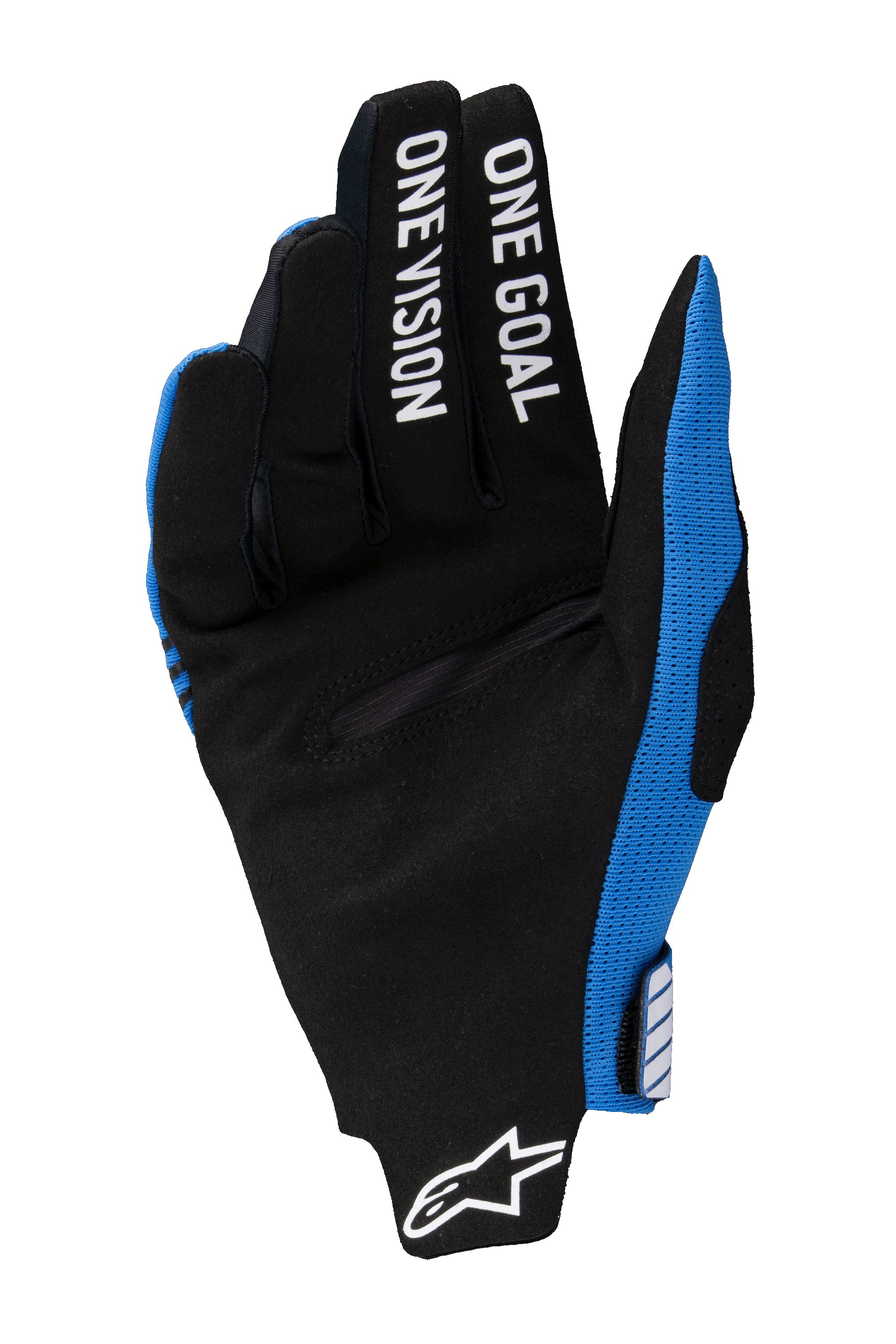 Guantes Alpinestars Radar Pro 2025, guantes de motocross, azul y negro, vista de la palma con ante sintético negro, "ONE GOAL ONE VISION" impreso en blanco en los dedos, logo de Alpinestars blanco en la muñeca, diseño ligero para competición todoterreno
