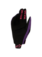 Alpinestars Radar Pro Gloves 2027, motocross gloves in black and purple with pink ONE GOAL ONE VISION finger graphics.