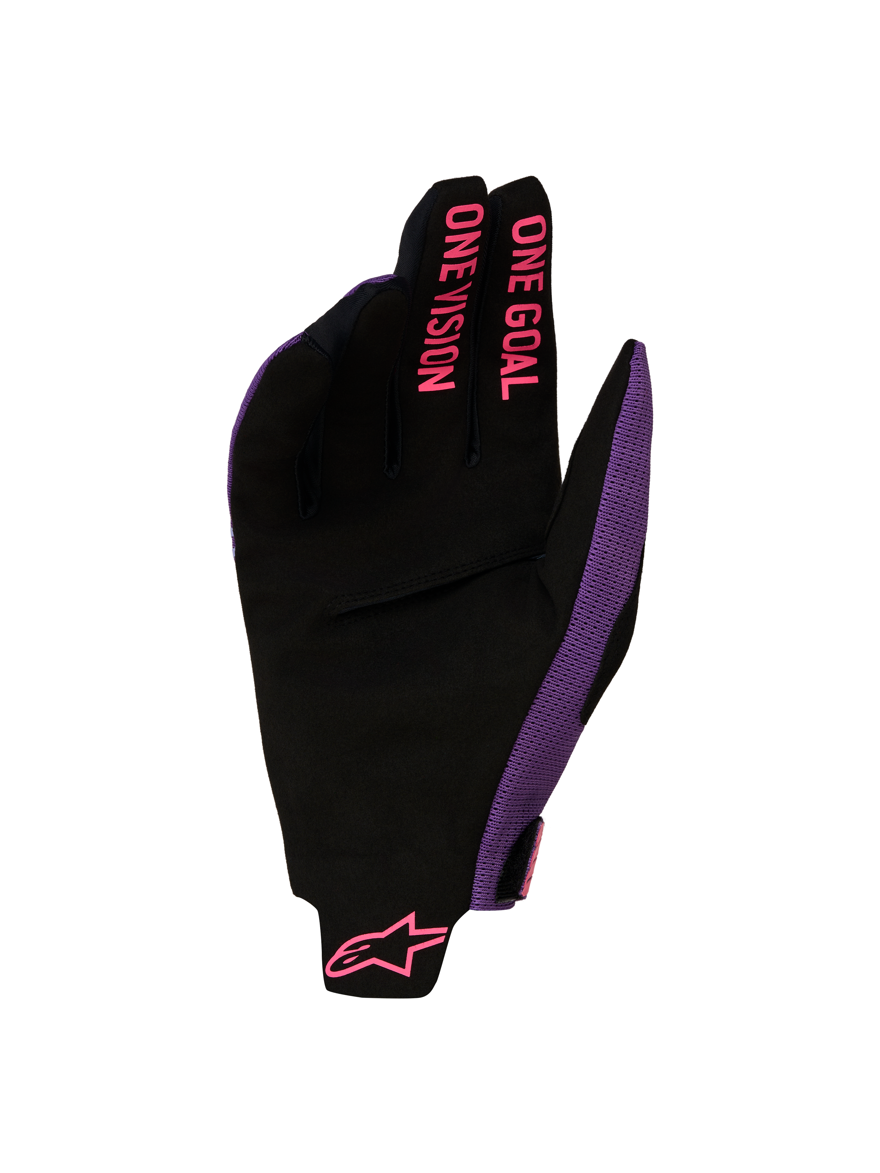 Alpinestars Radar Pro Gloves 2027, motocross gloves in black and purple with pink ONE GOAL ONE VISION finger graphics.