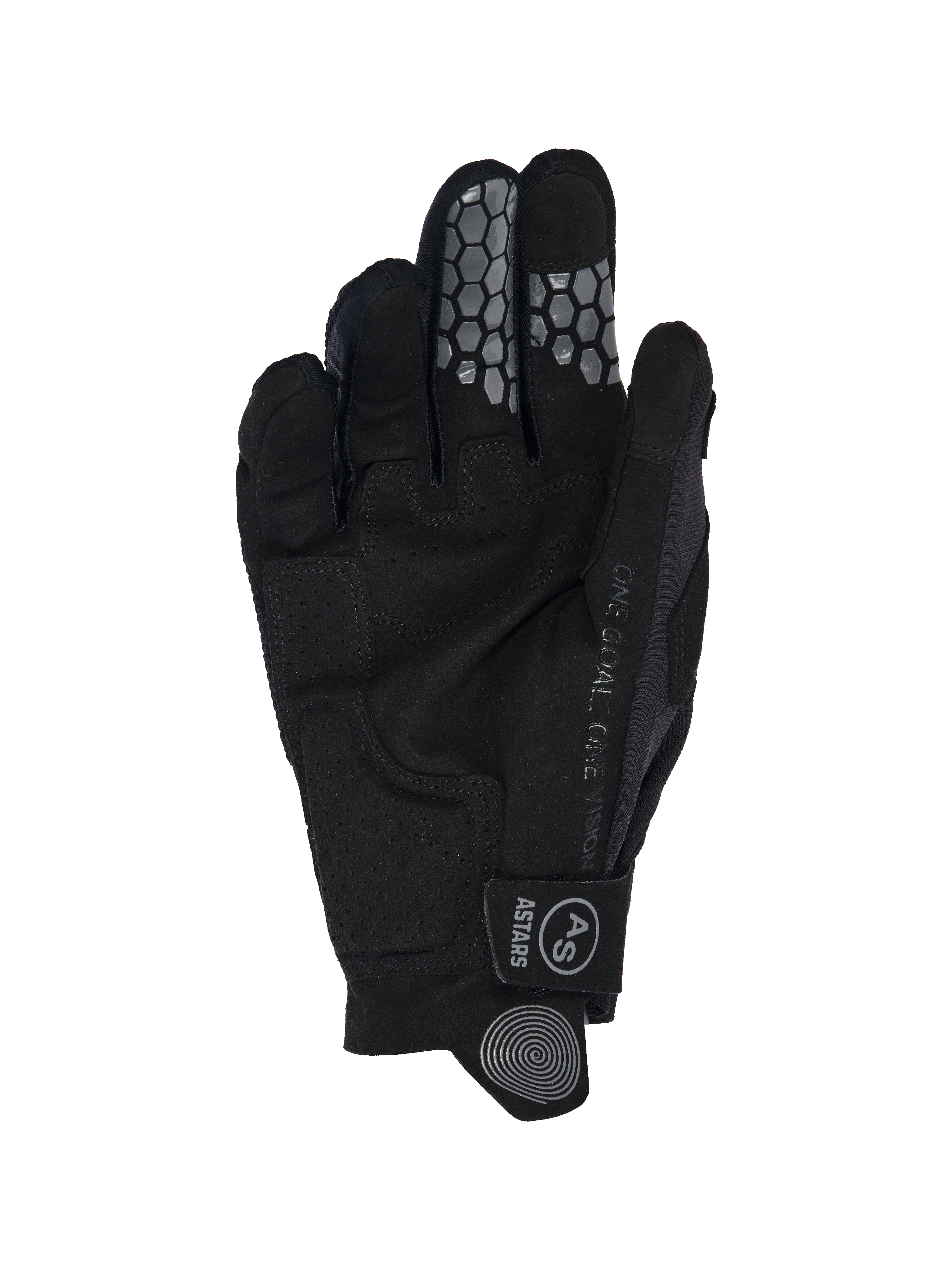 Guantes Alpinestars Pro-Dura 2026, vista de la palma, ante sintético negro con refuerzos perforados, agarre de silicona en forma de panal en los dedos índice y medio, texto 'ONE GOAL. ONE VISION' y correa de la muñeca con el logotipo de Astars.